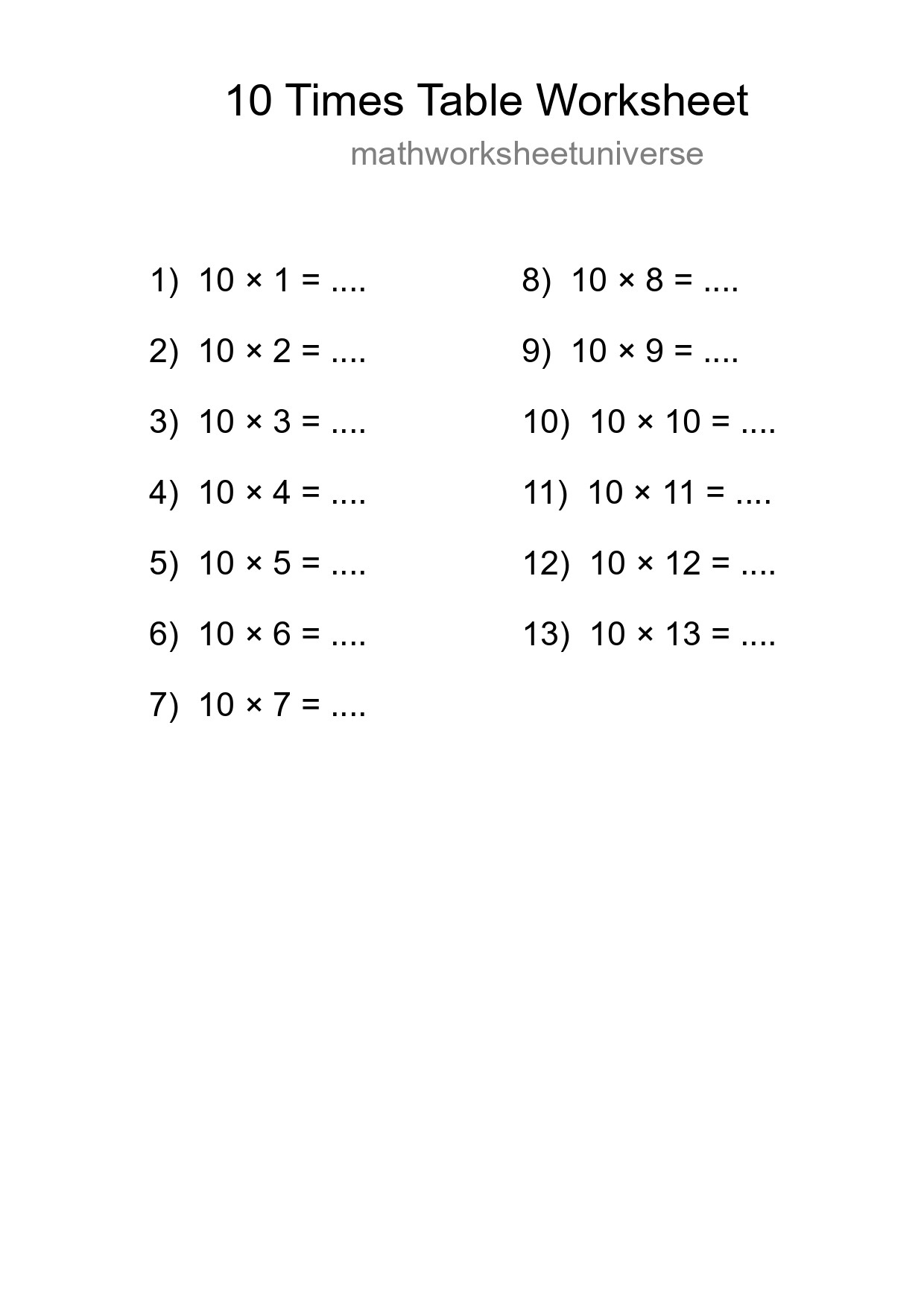 10 Times Table Worksheet For Grade 3 With Answers - Part 179