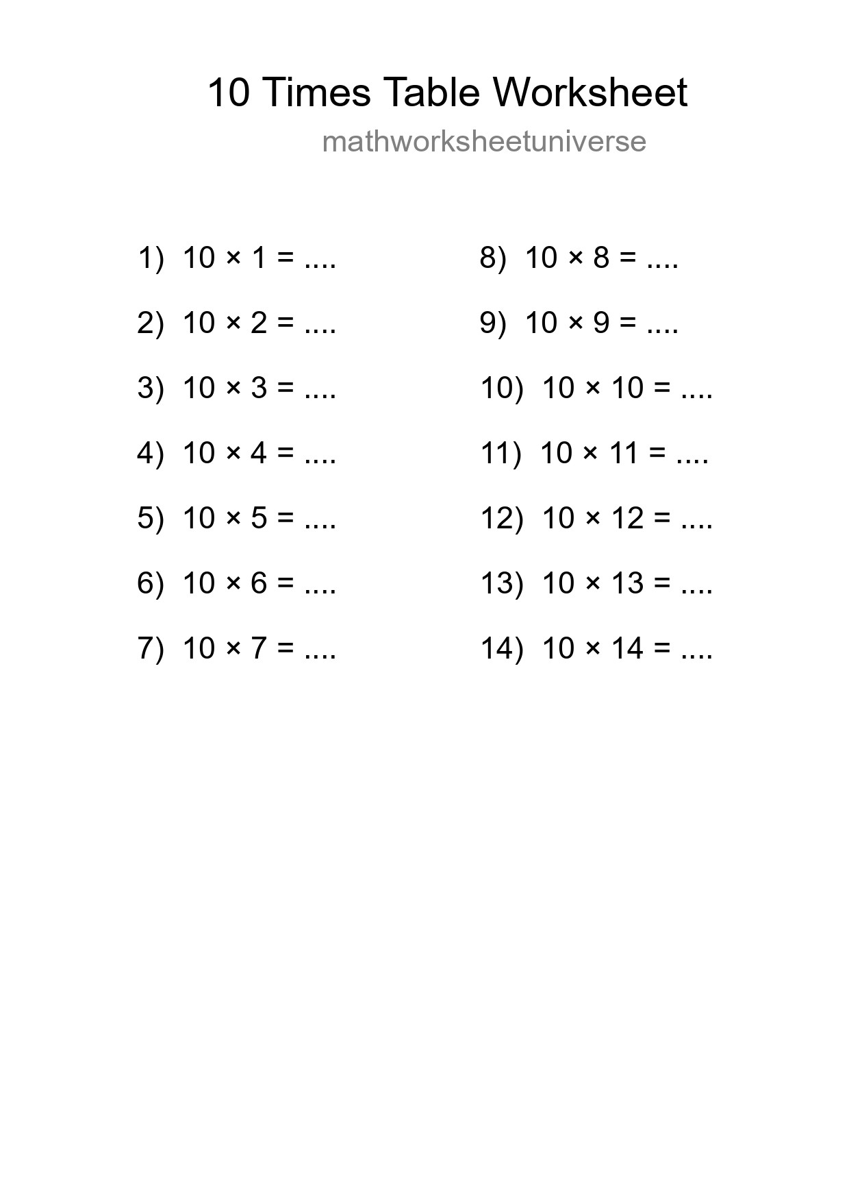 10 Times Table Worksheet For Grade 3 With Answers - Part 59
