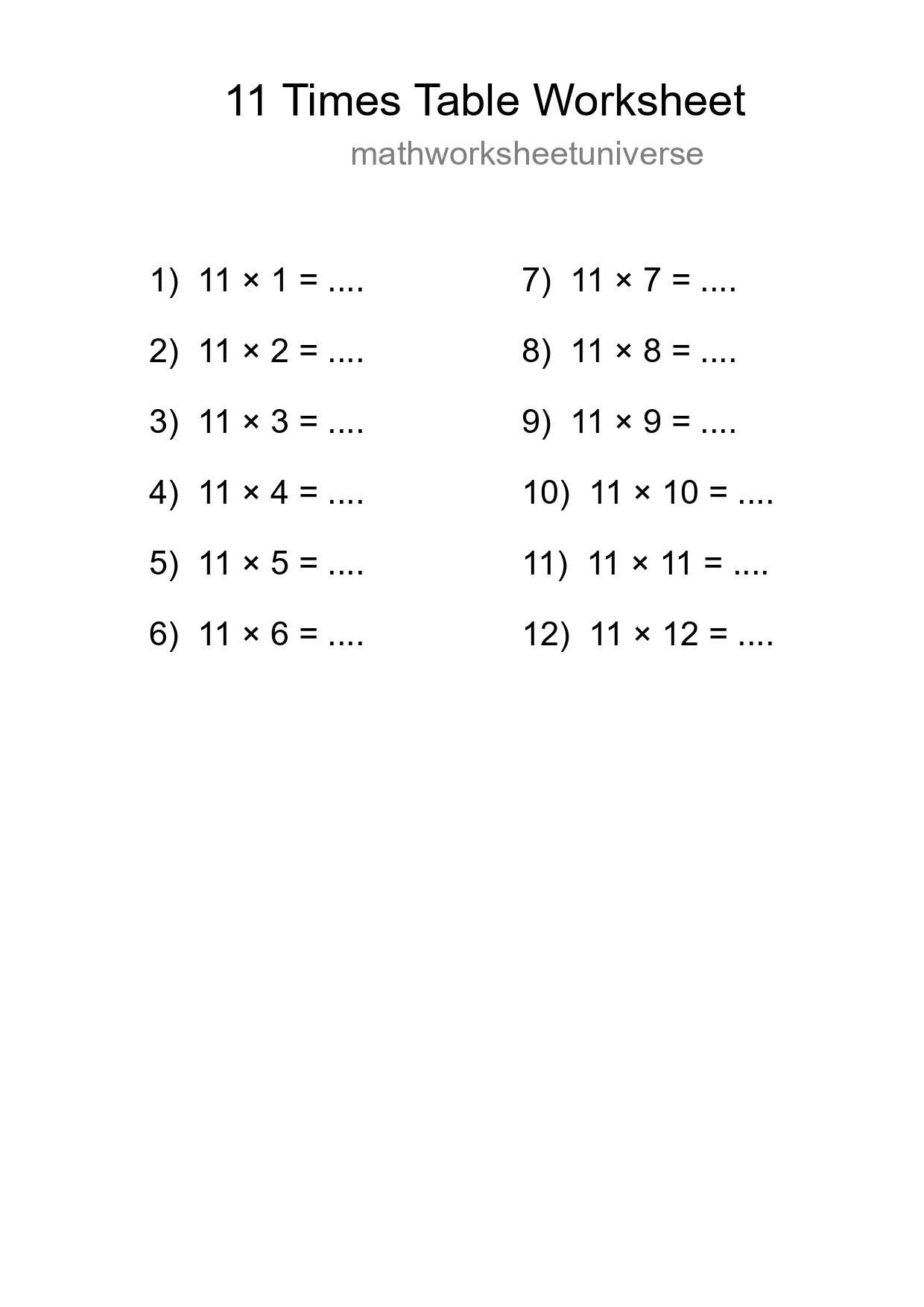 11 Times Table Worksheet For Grade 4 - Part 209