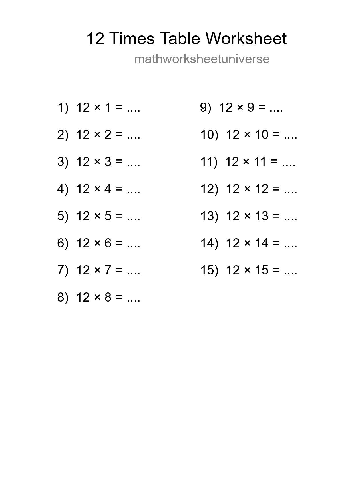 12 Times Table Worksheet For Grade 4 - Part 99