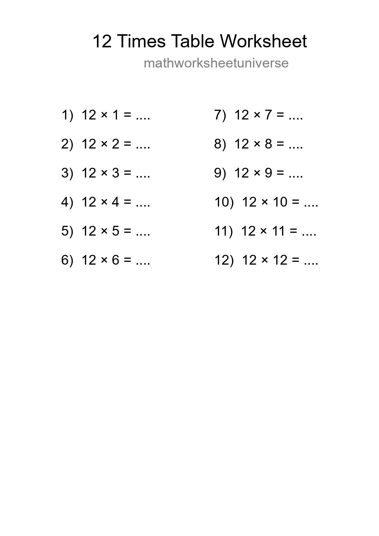 12 Times Table Worksheet For Grade 4 With Answers - Part 69