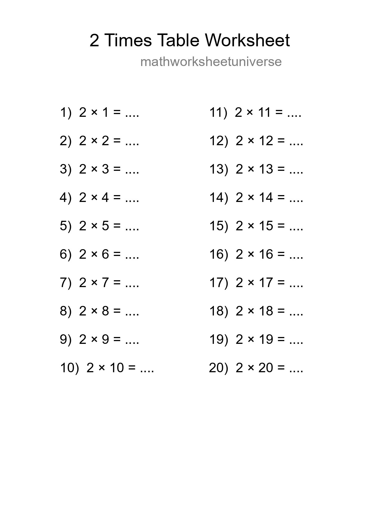2 Times Table Worksheet For Grade 2 With Answers - Part 279