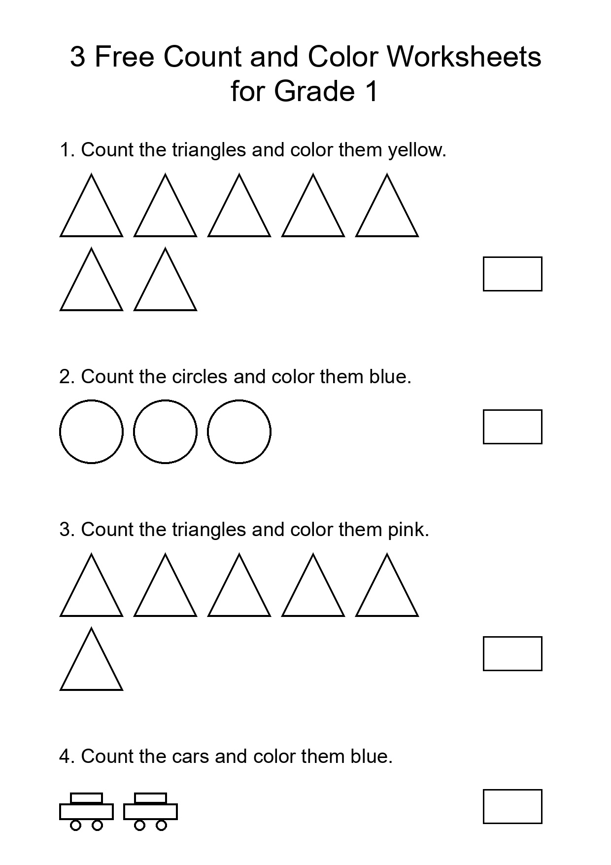 3 Free Count and Color Worksheets for Grade 1