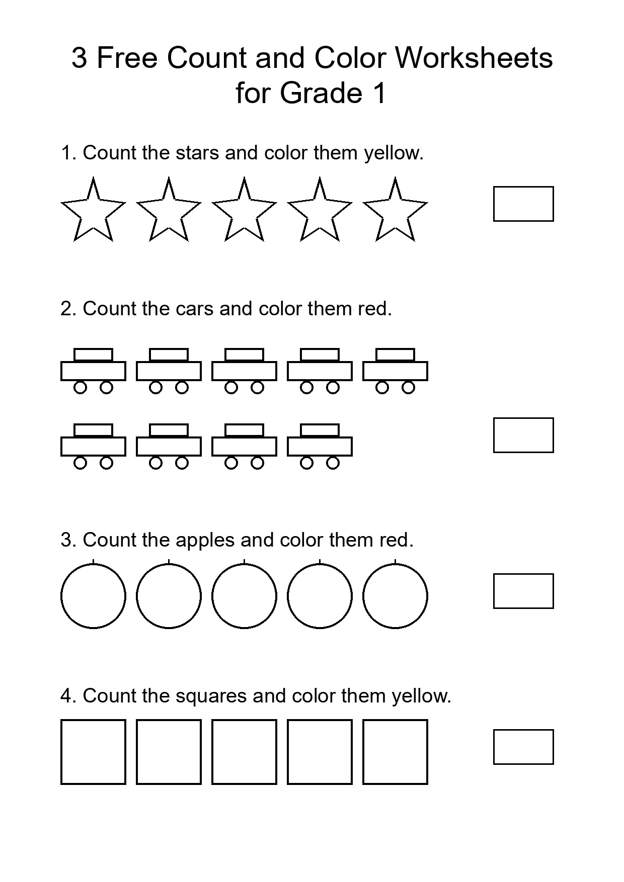 3 Free Count and Color Worksheets for Grade 1