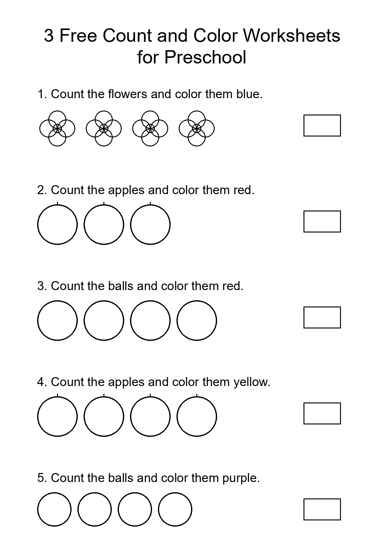 3 Free Count and Color Worksheets for Preschool
