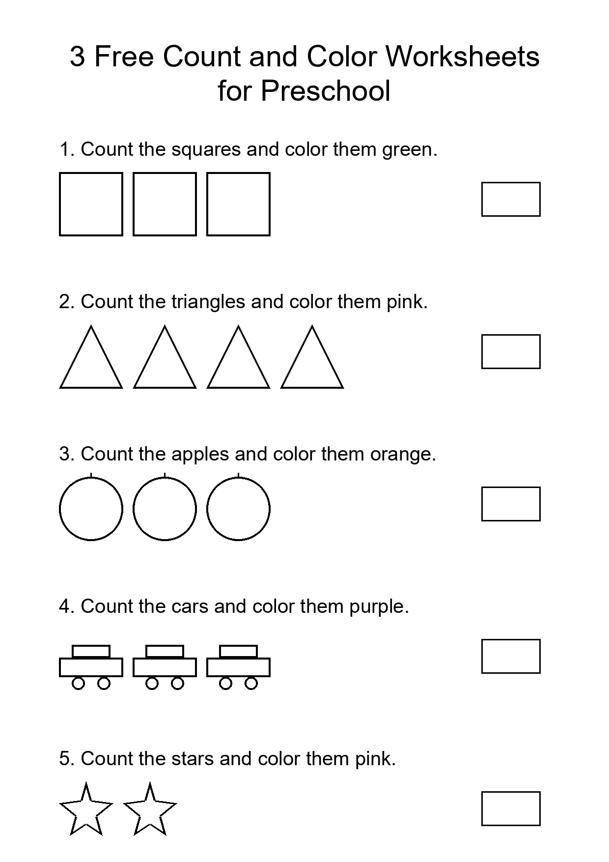 3 Free Count and Color Worksheets for Preschool