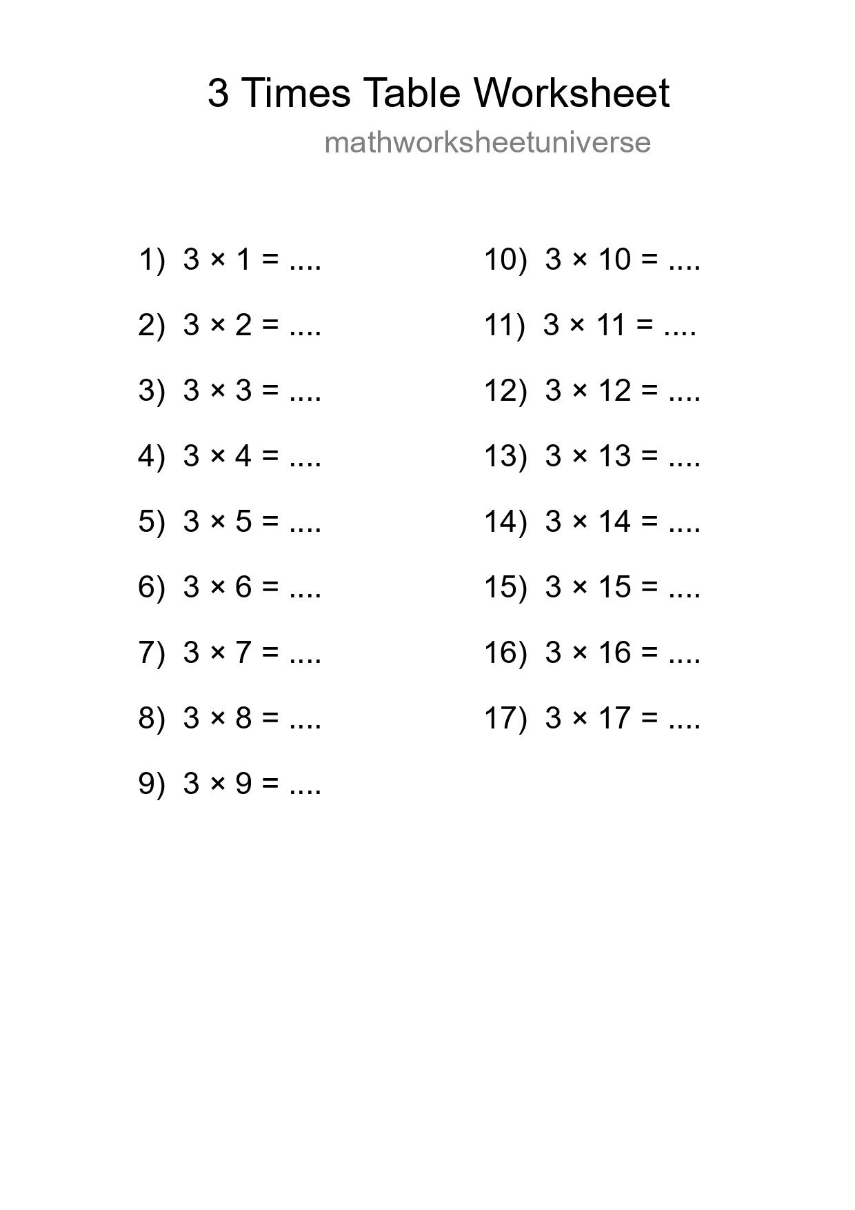 3 Times Table Worksheet For Grade 2 With Answers - Part 259