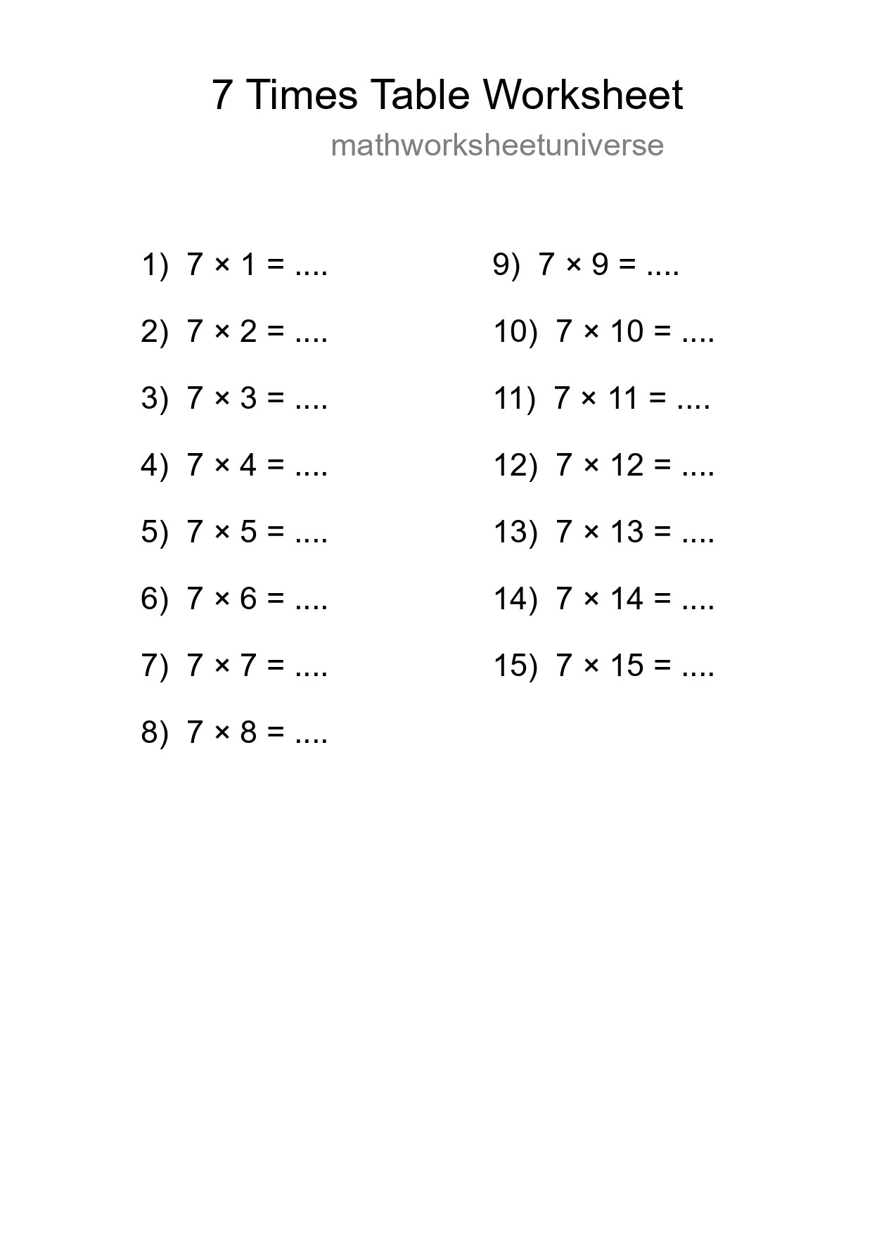 7 Times Table Worksheet For Grade 3 - Part 169