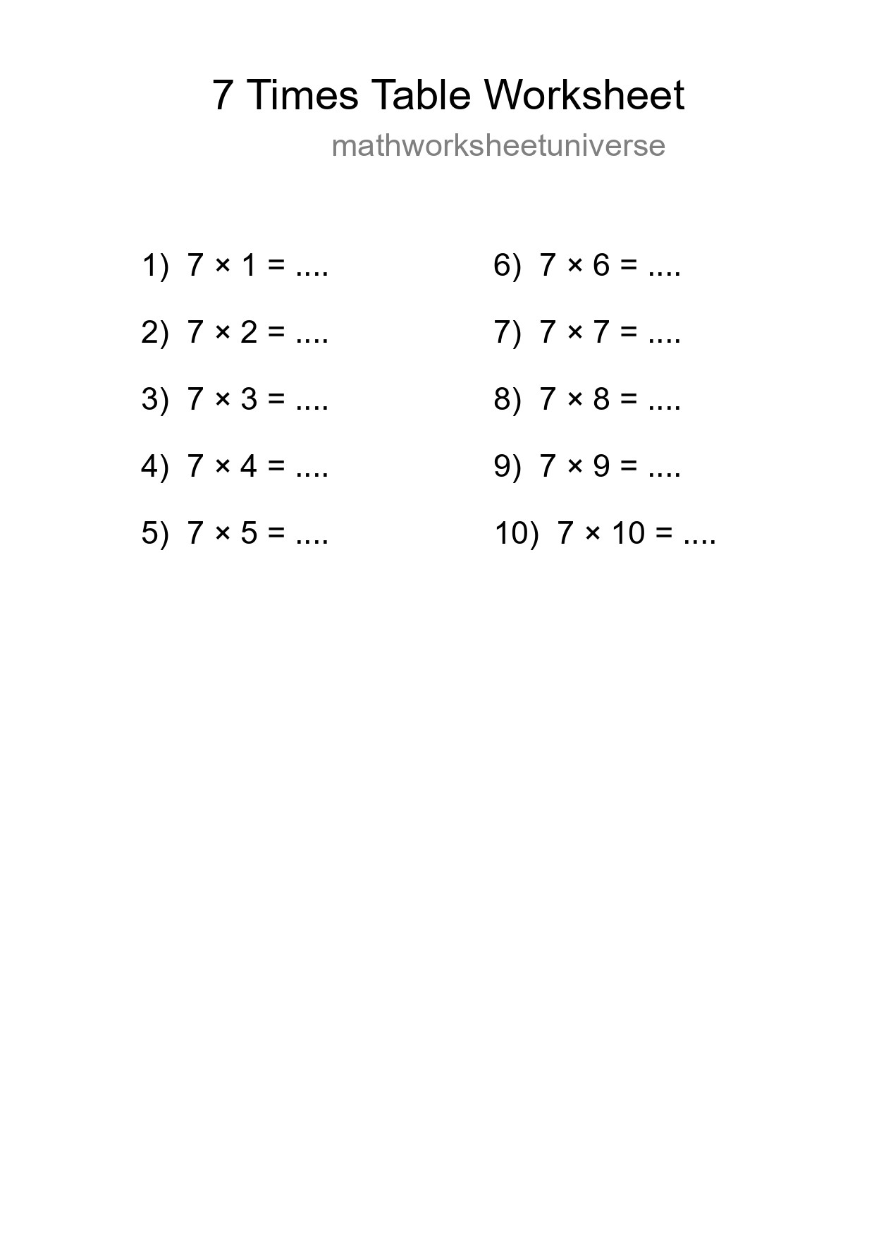 7 Times Table Worksheet For Grade 3 With Answers - Part 119