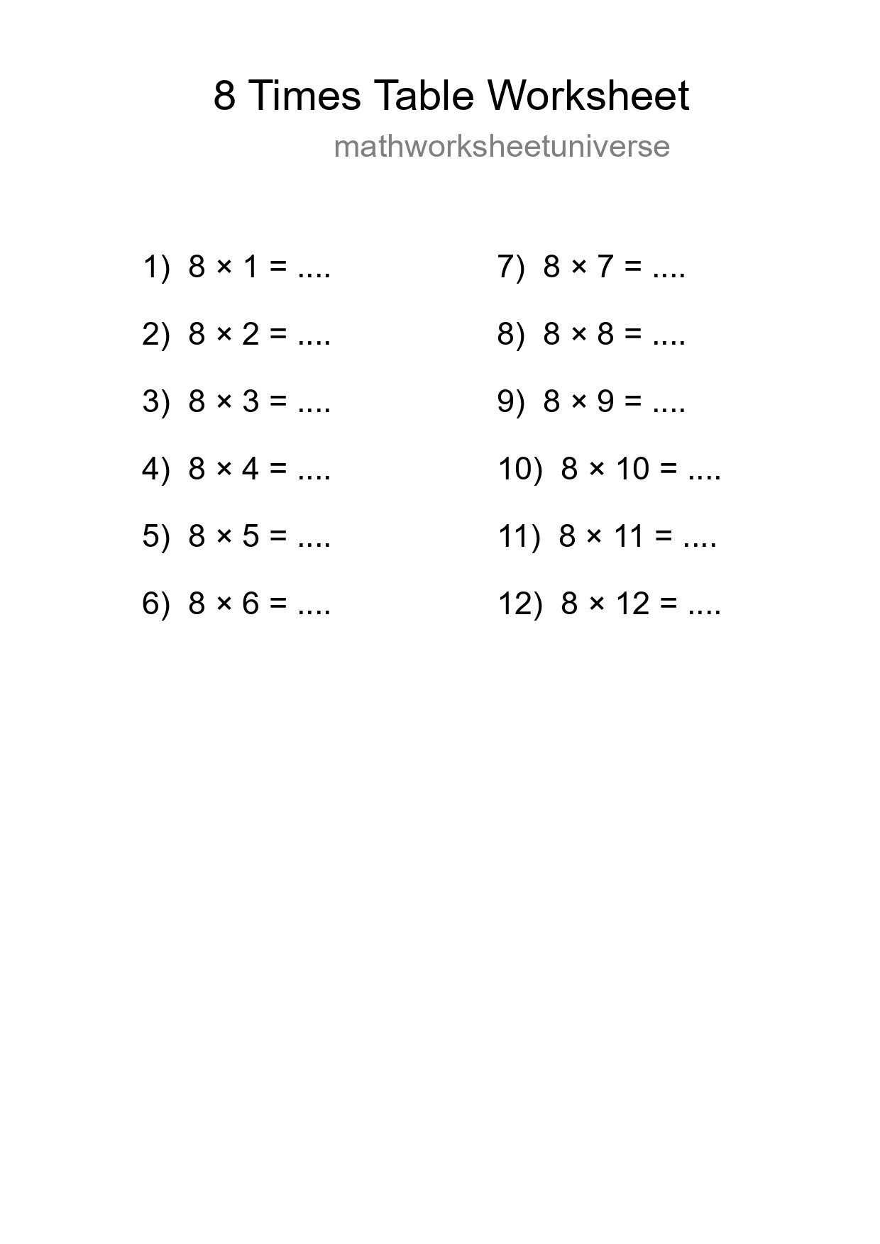 8 Times Table Worksheet For Grade 3 - Part 239