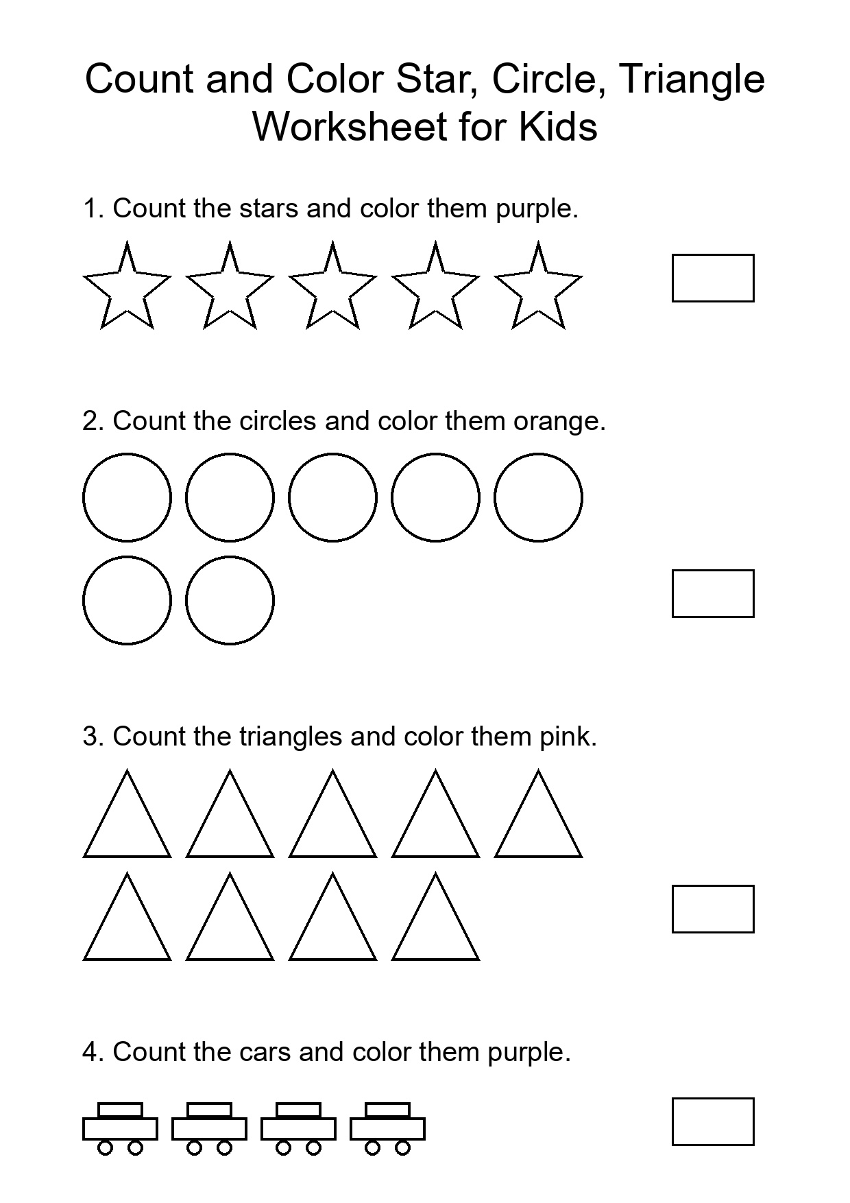 Count and Color Star, Circle, Triangle Worksheet for Kids