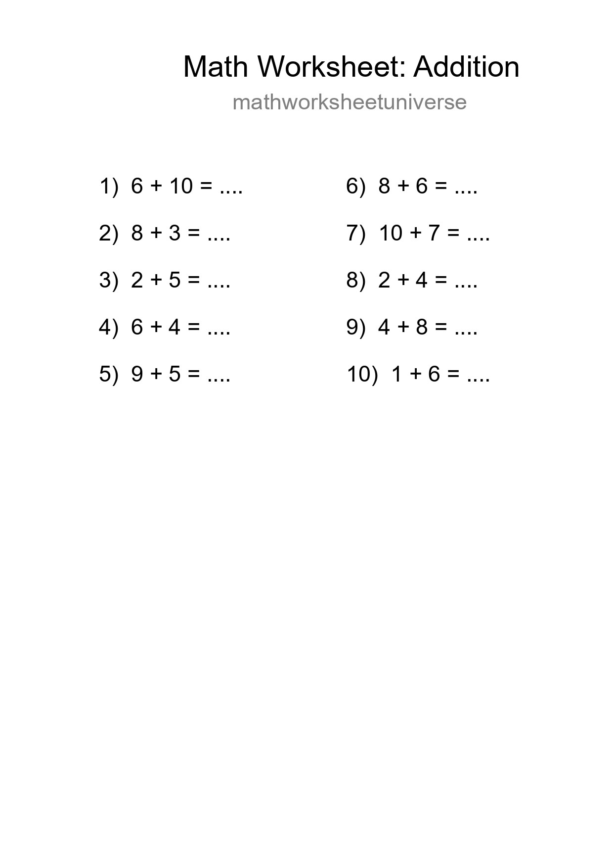 Free 10 Addition Math Worksheet For Grade 1 With Answers - Part 241