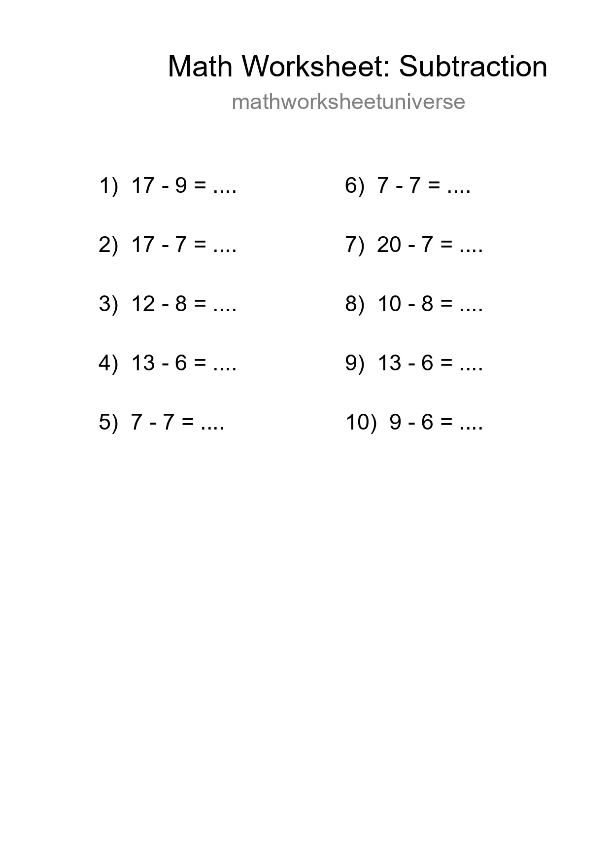 Free 10 Subtraction Math Worksheet For Grade 2 - Part 128