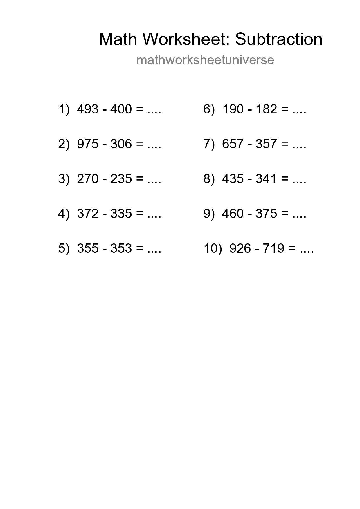 Free 10 Subtraction Math Worksheet For Grade 5 - Part 38