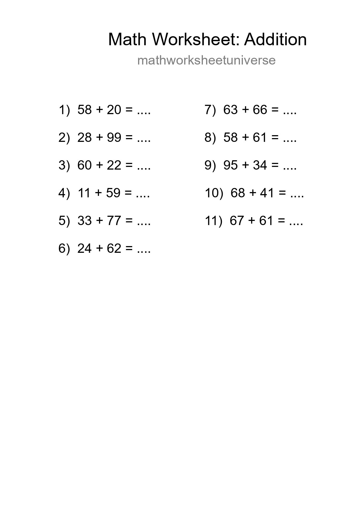 Free 11 Addition Math Worksheet For Grade 3 With Answers - Part 191