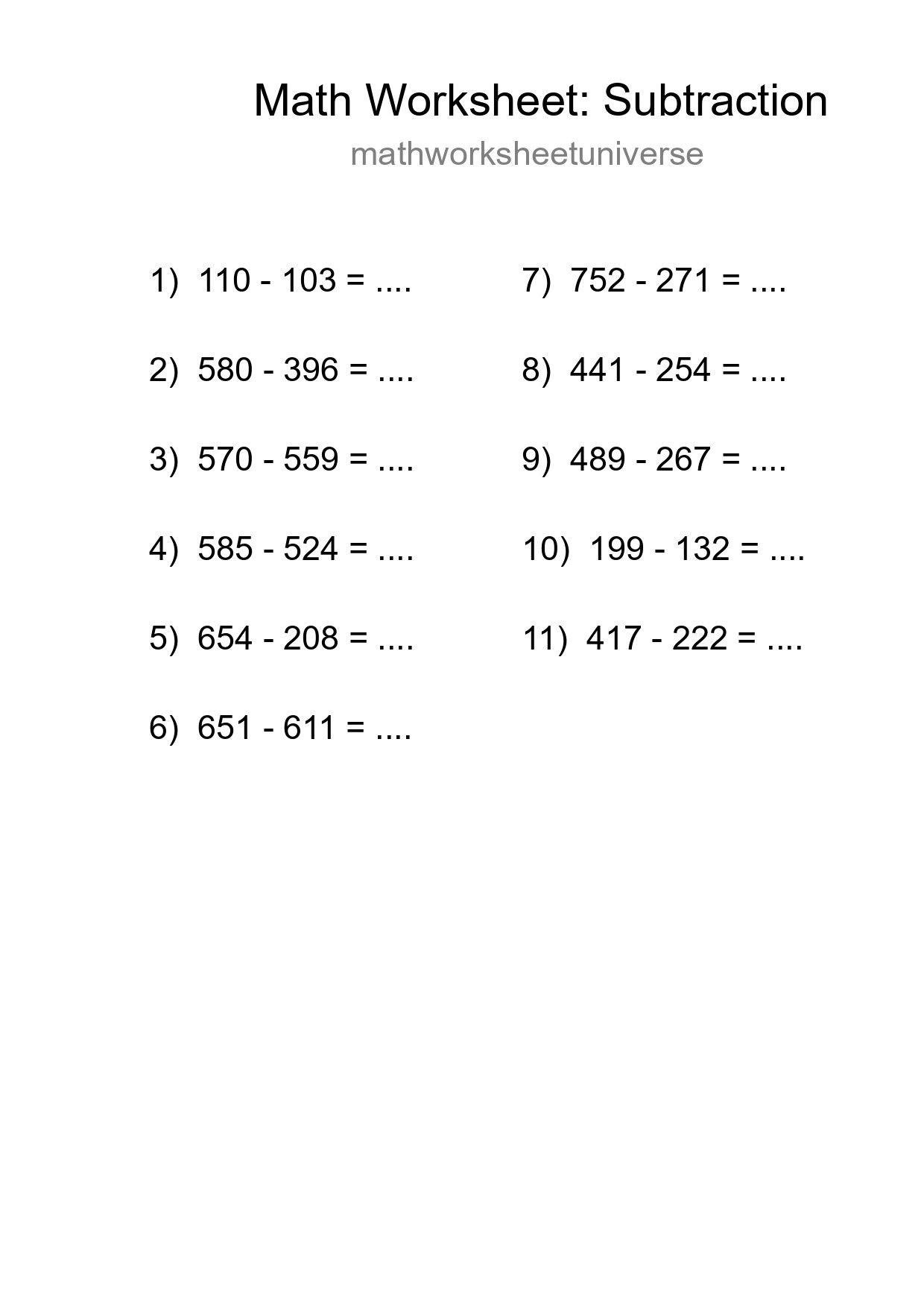 Free 11 Subtraction Math Worksheet For Grade 5 - Part 28