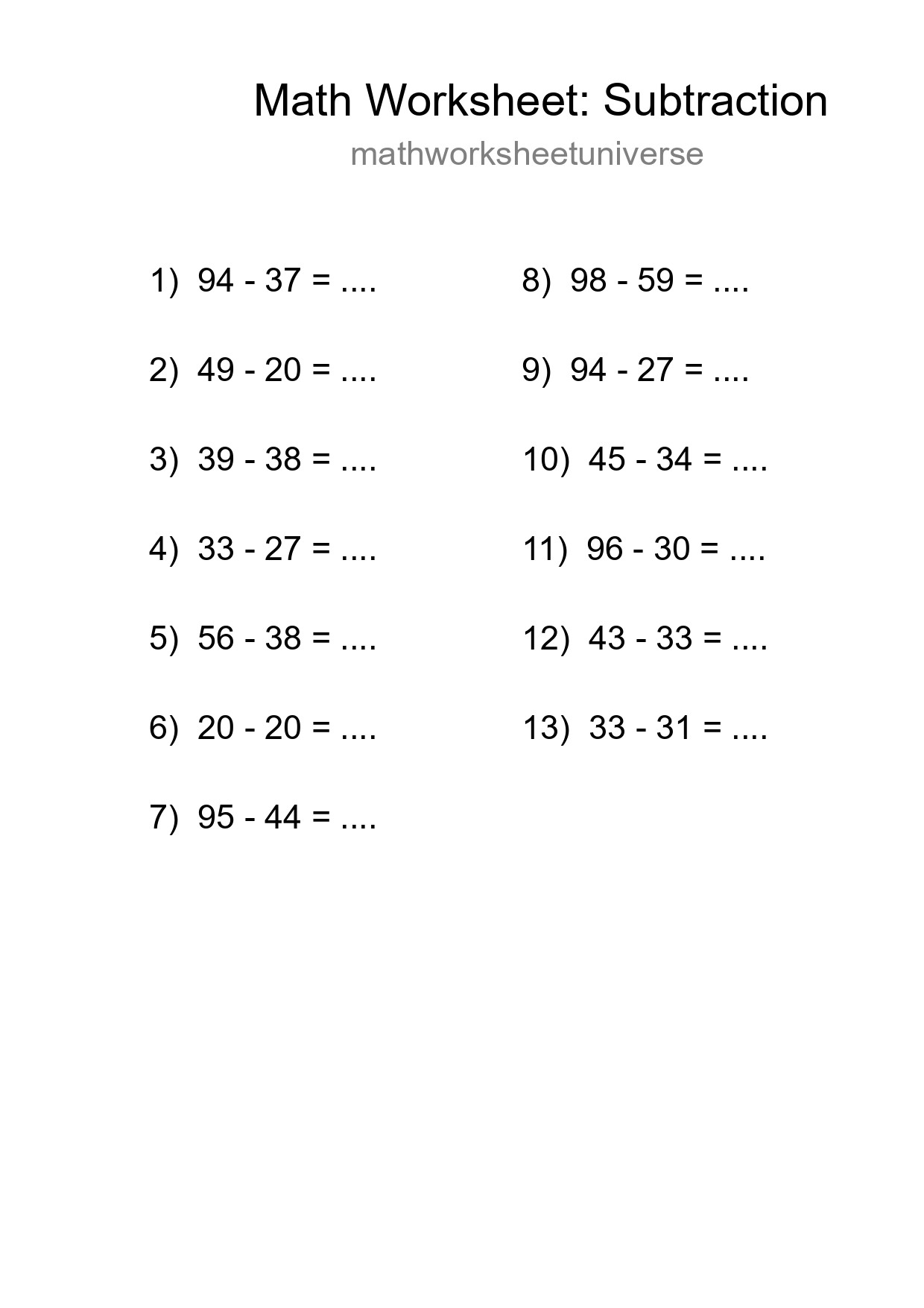 Free 13 Subtraction Math Worksheet For Grade 3 With Answers - Part 188