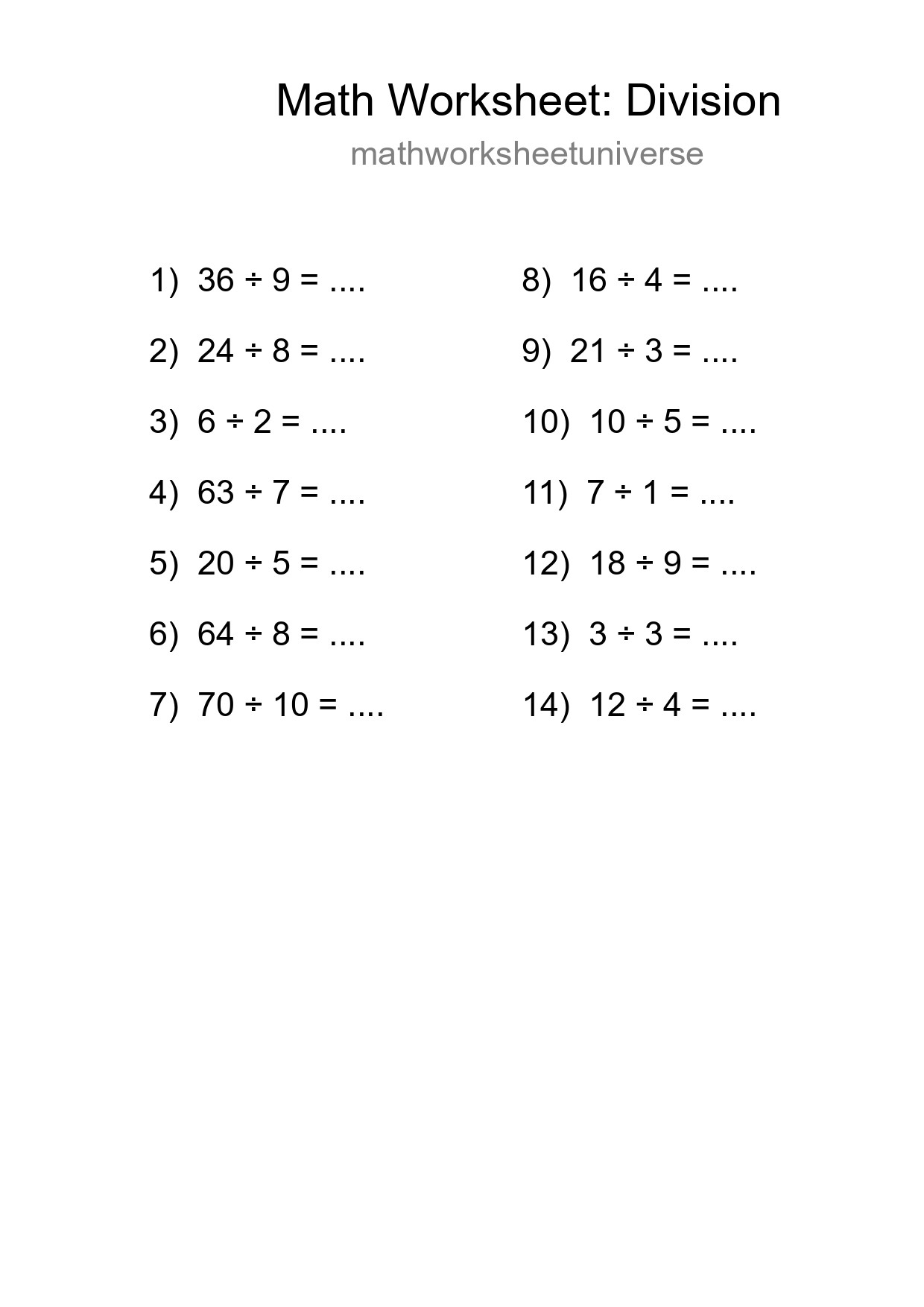 Free 14 Division Math Worksheet For Grade 1 With Answers - Part 14