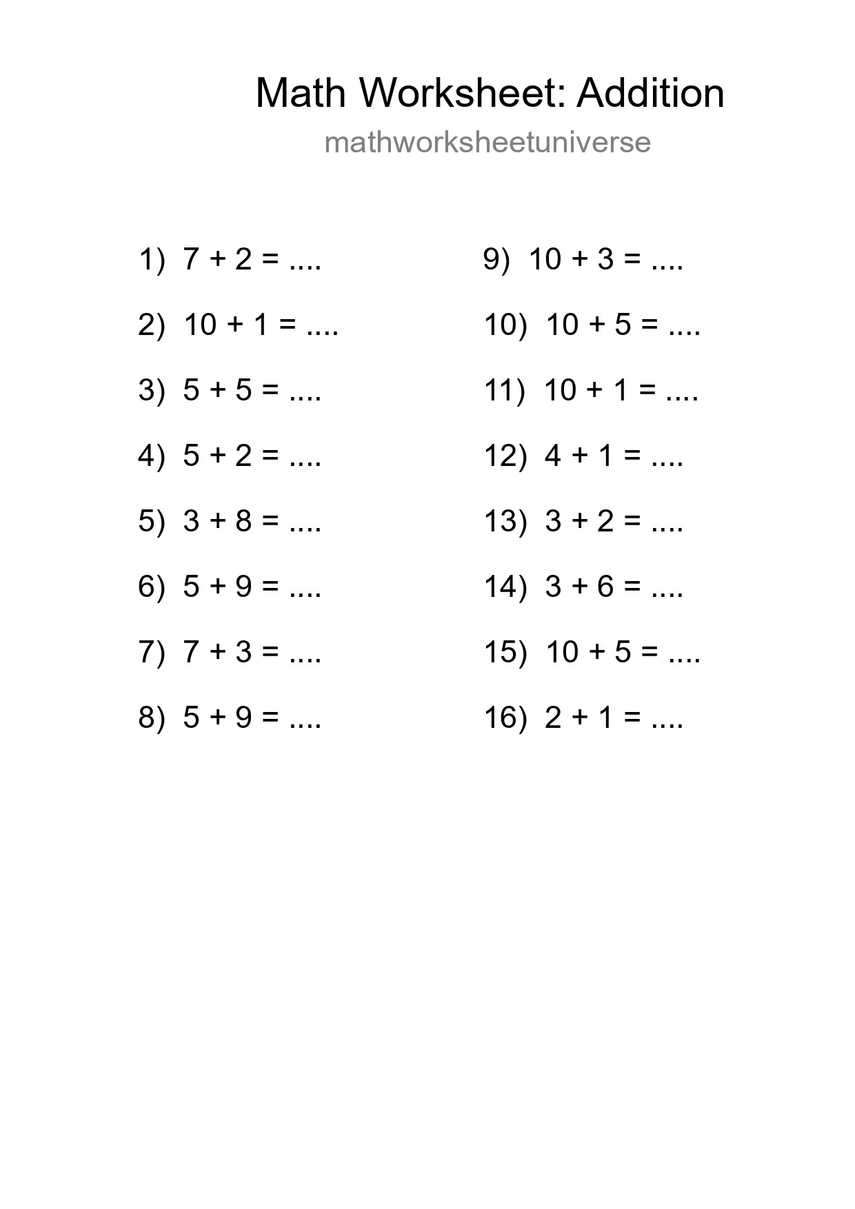 Free 16 Addition Math Worksheet For Grade 1 - Part 111