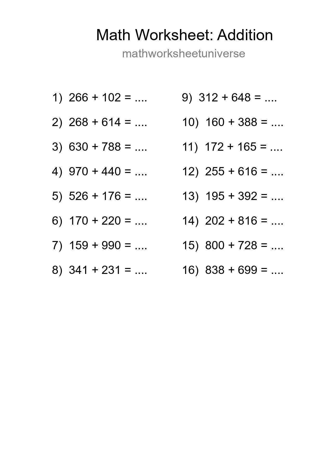 Free 16 Addition Math Worksheet For Grade 5 With Answers - Part 271