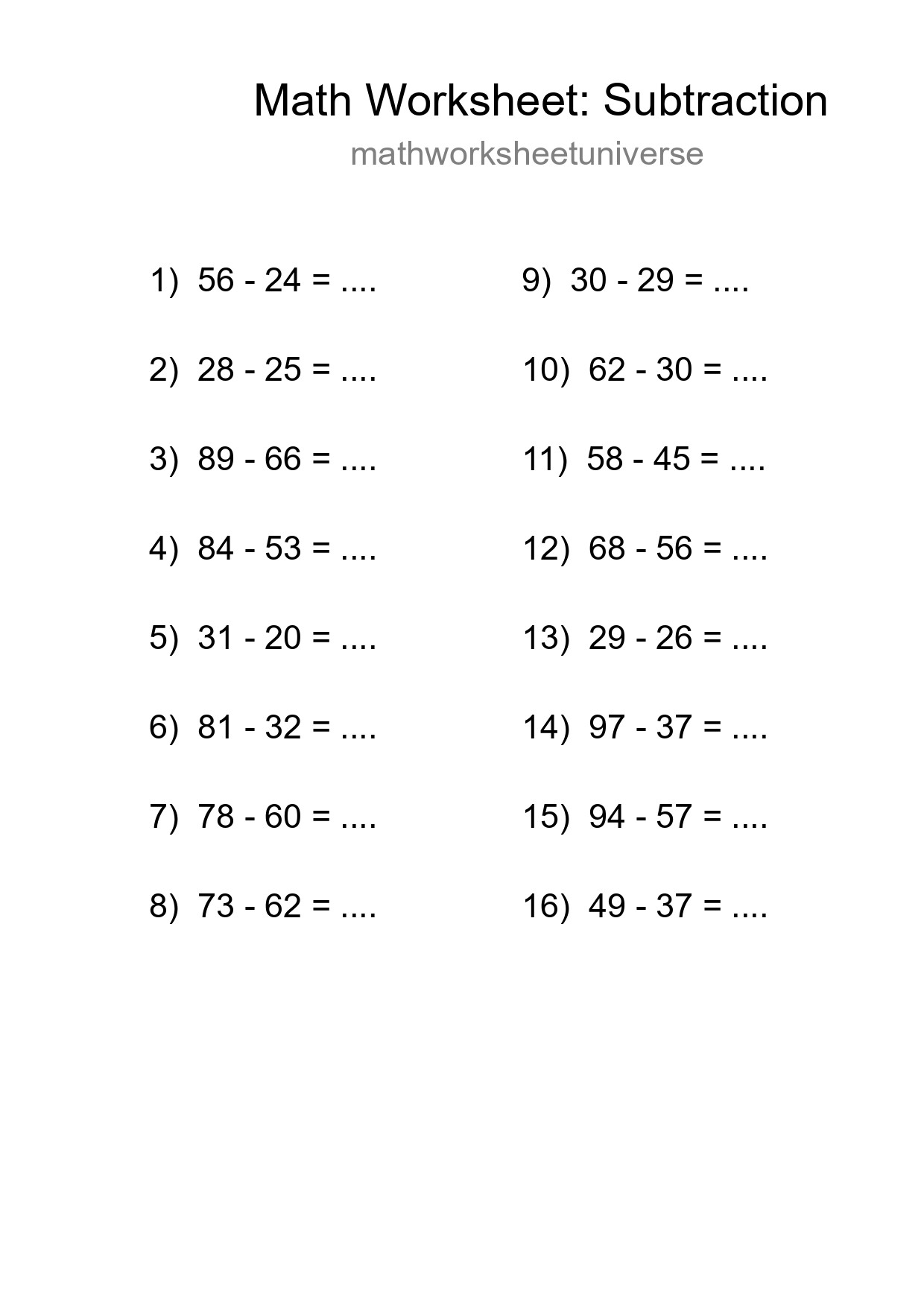 Free 16 Subtraction Math Worksheet For Grade 3 With Answers - Part 258