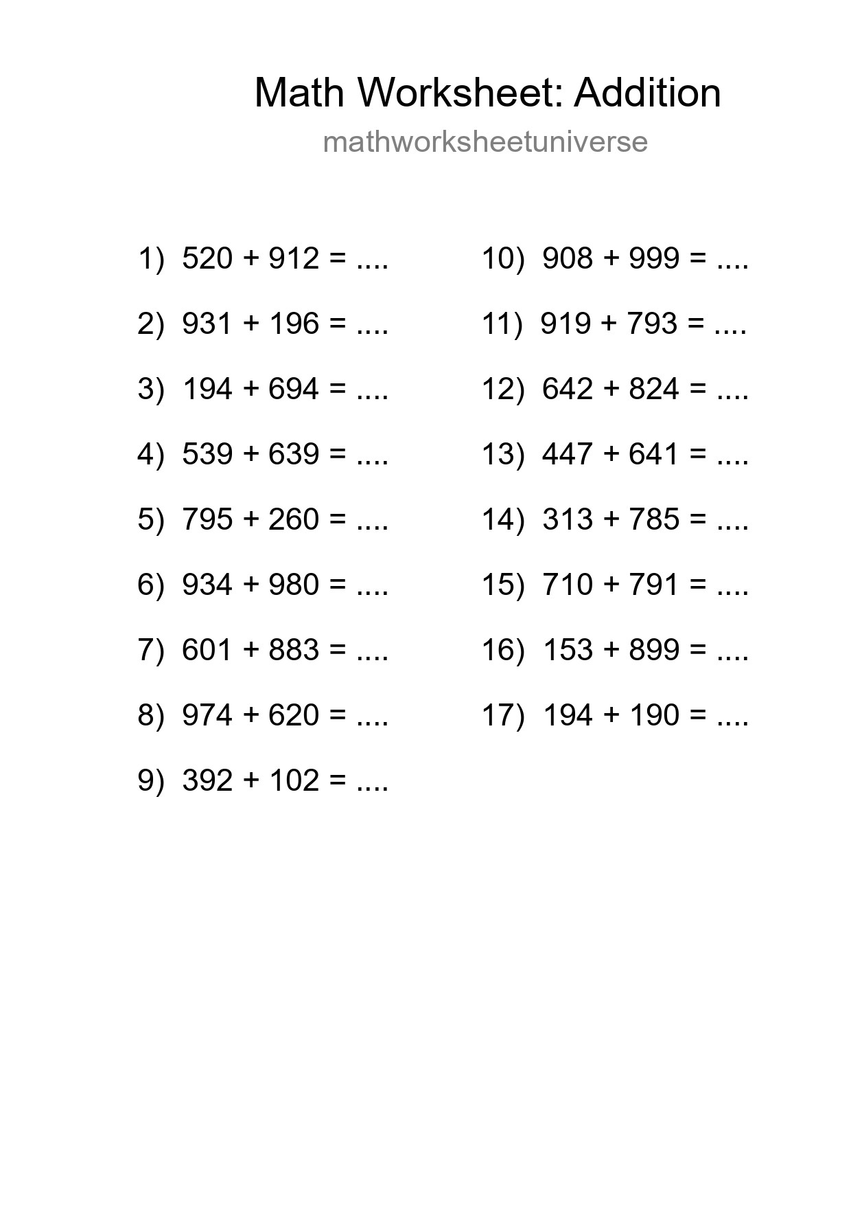 Free 17 Addition Math Worksheet For Grade 5 - Part 211