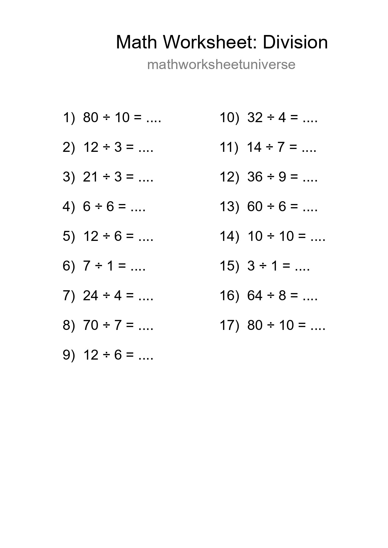 Free 17 Division Math Worksheet For Grade 1 With Answers - Part 94