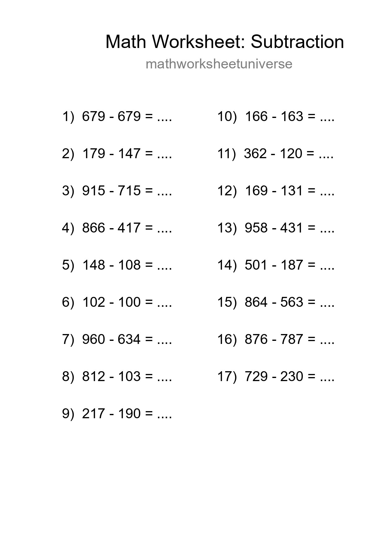 Free 17 Subtraction Math Worksheet For Grade 5 With Answers - Part 228