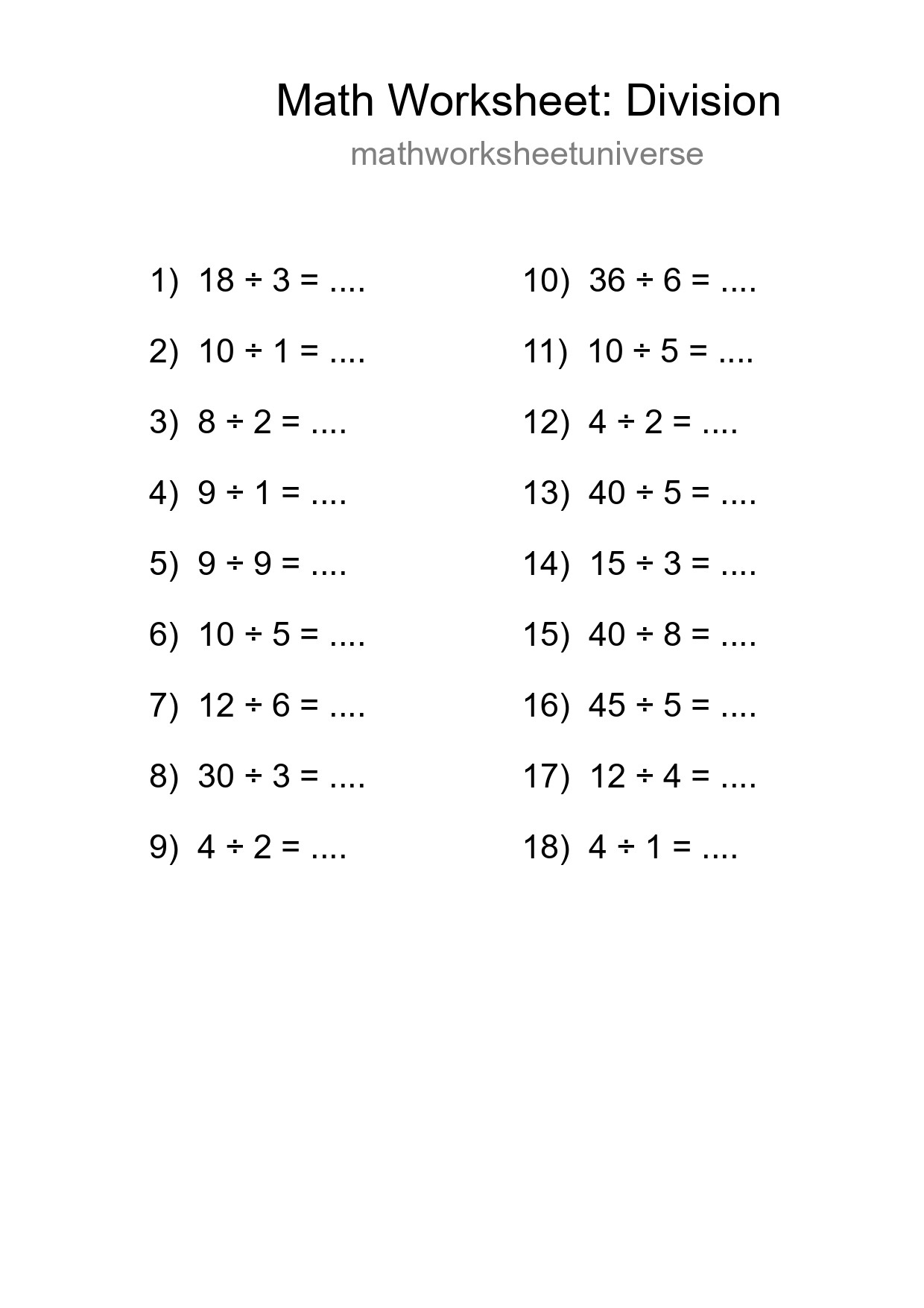 Free 18 Division Math Worksheet For Grade 1 With Answers - Part 4
