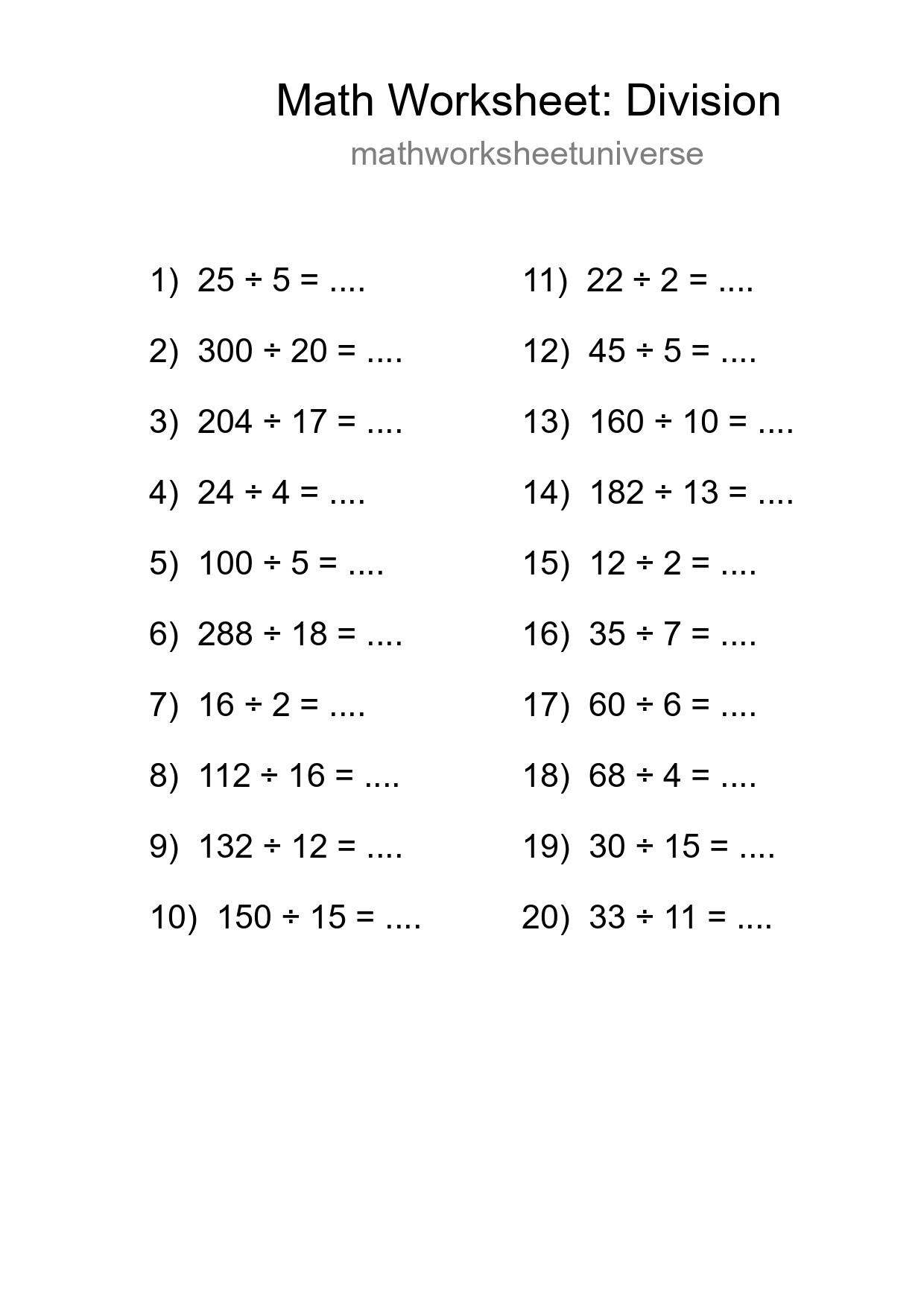 Free 20 Division Math Worksheet For Grade 2 With Answers - Part 24