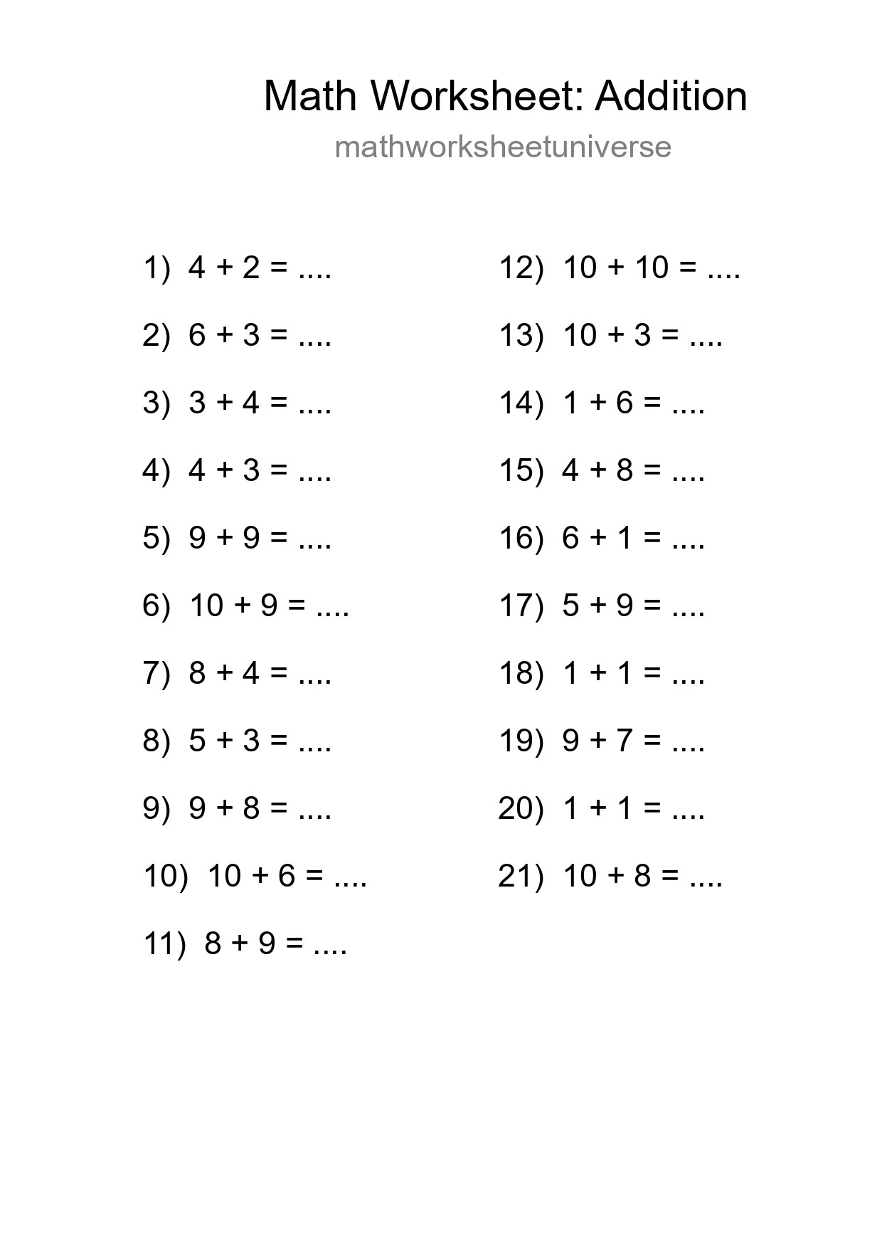 Free 21 Addition Math Worksheet For Grade 1 With Answers - Part 101