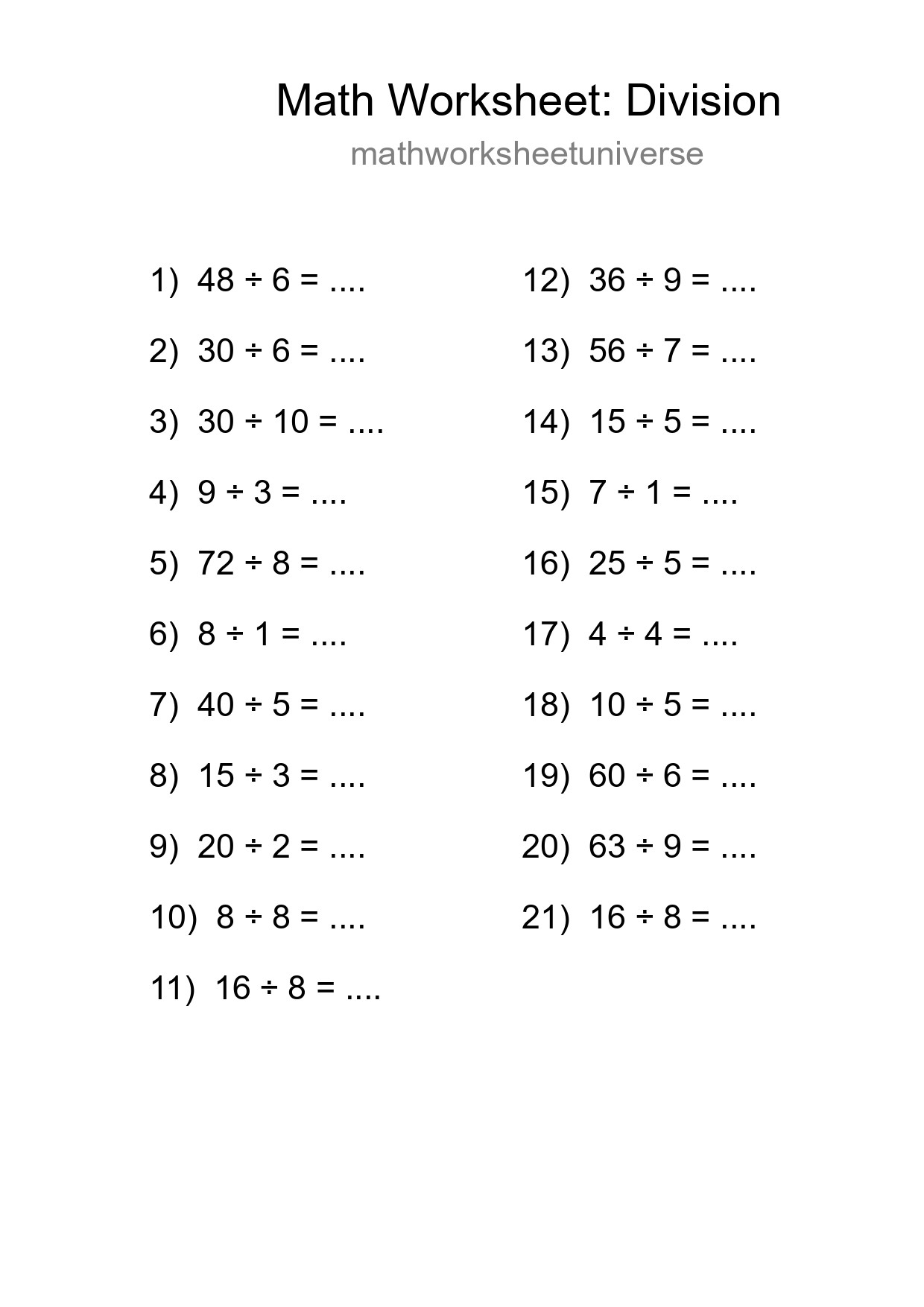 Free 21 Division Math Worksheet For Grade 1 - Part 194