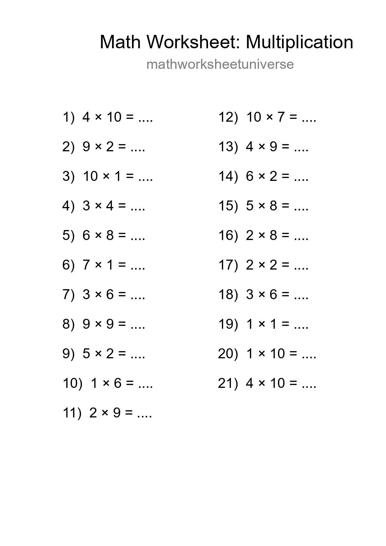 Free 21 Multiplication Math Worksheet For Grade 1 With Answers - Part 107