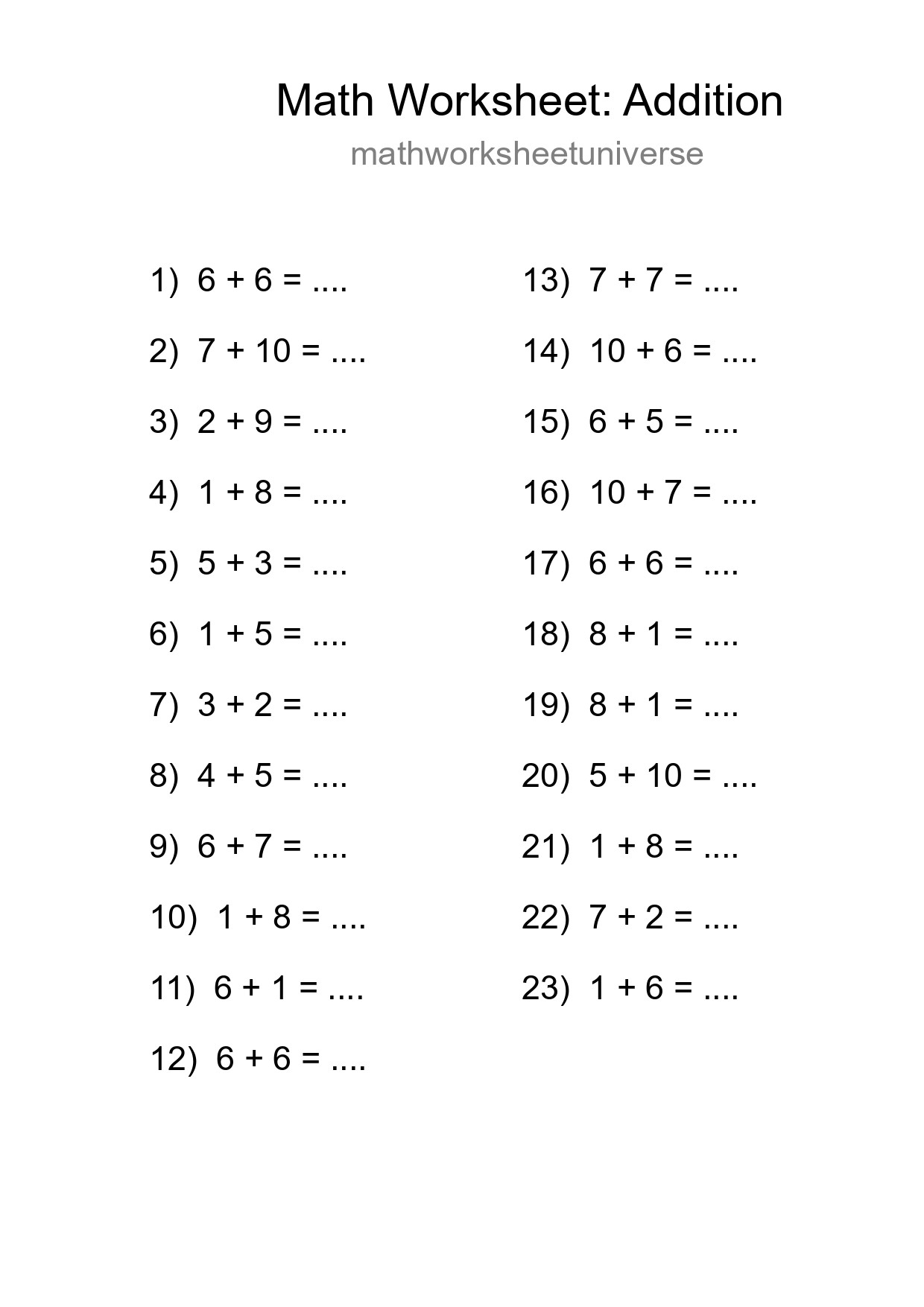 Free 23 Addition Math Worksheet For Grade 1 - Part 171