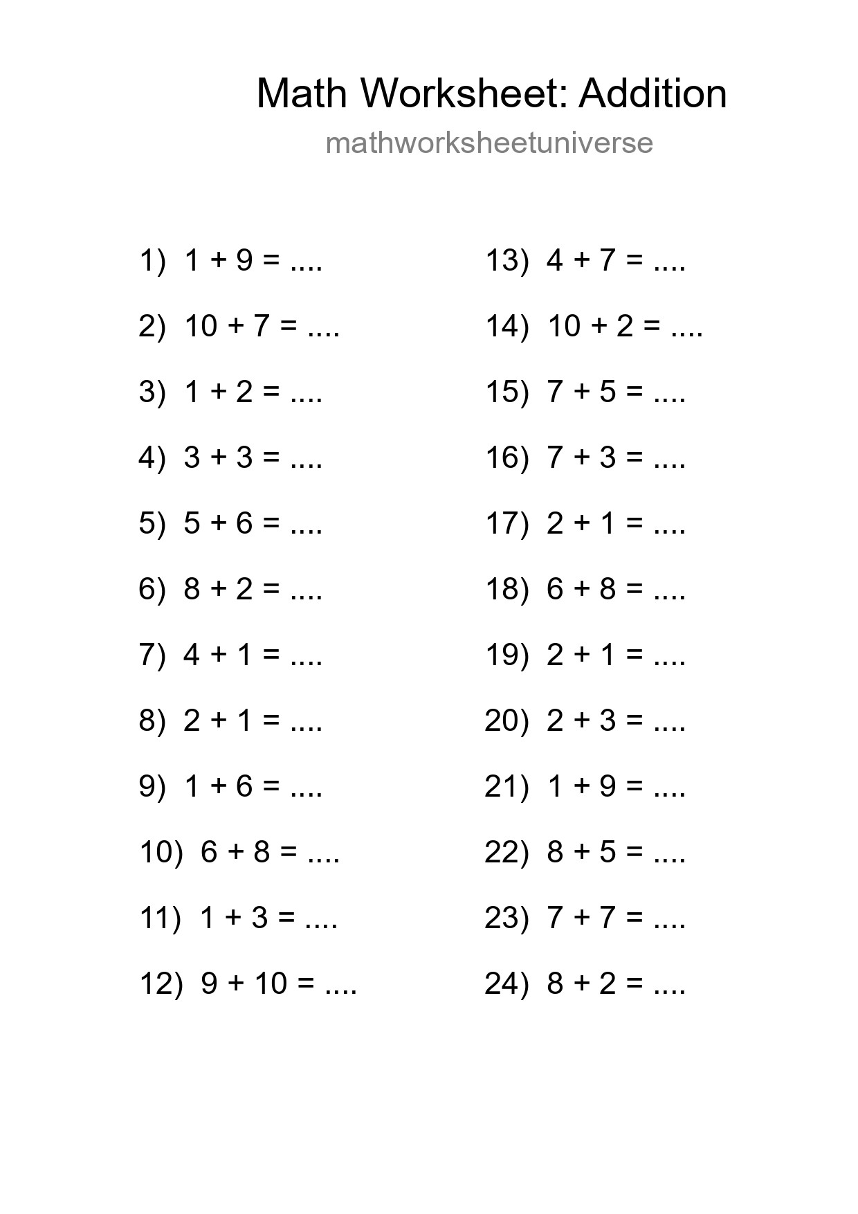 Free 24 Addition Math Worksheet For Grade 1 With Answers - Part 201