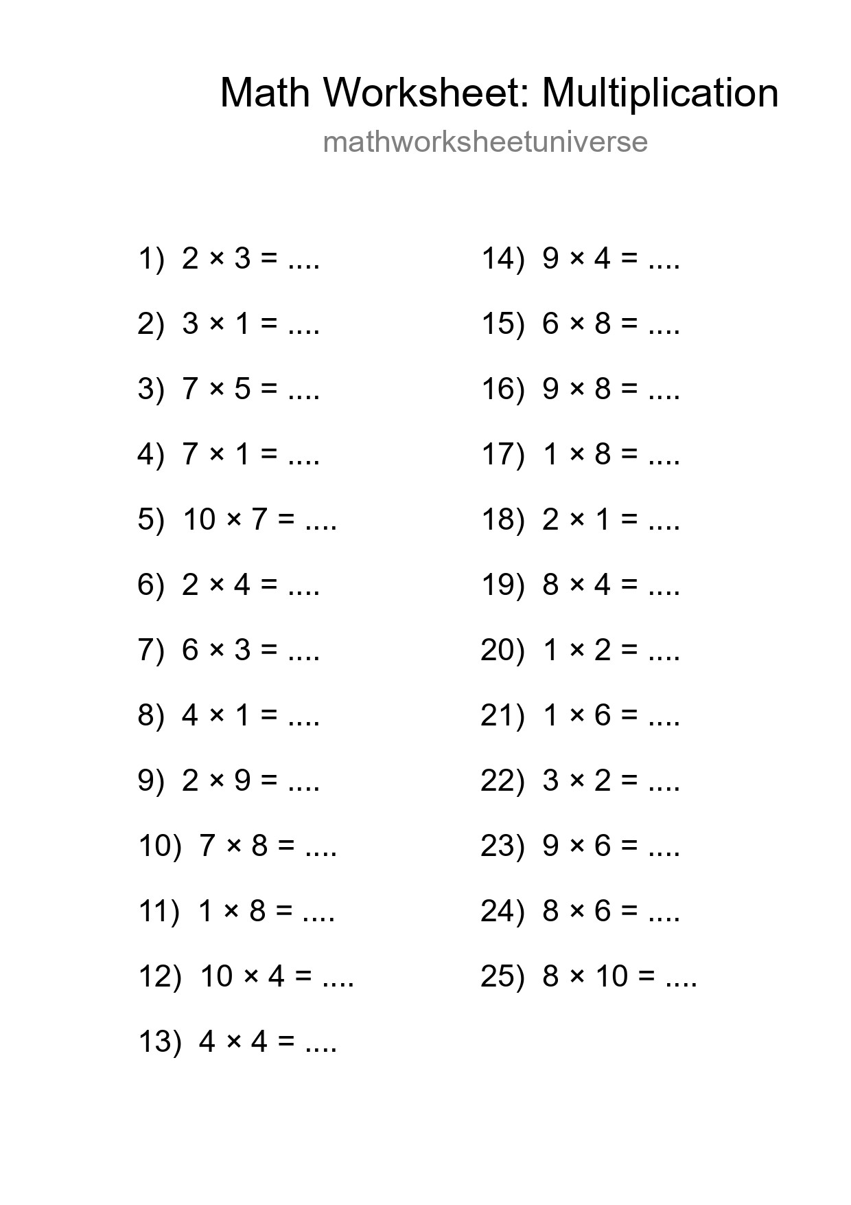 Free 25 Multiplication Math Worksheet For Grade 1 With Answers - Part 87