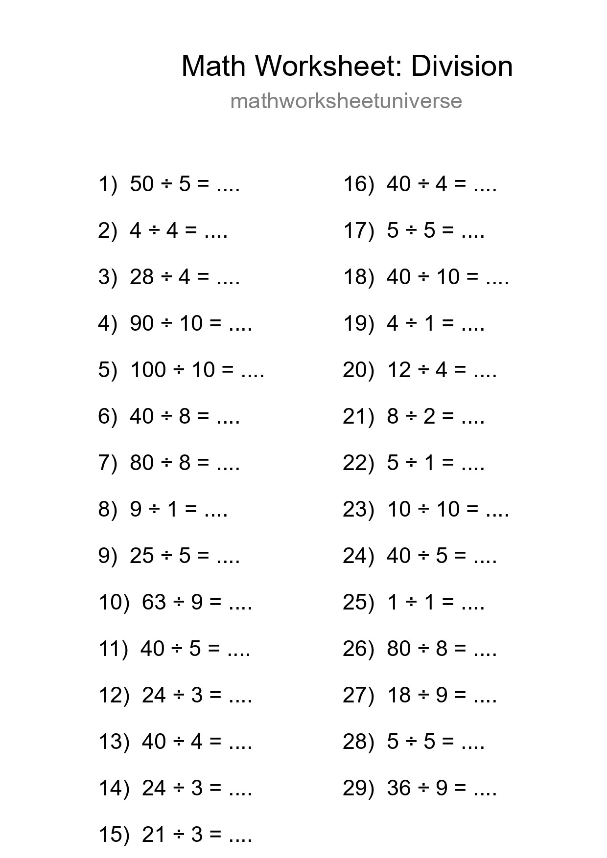 Free 29 Division Math Worksheet For Grade 1 - Part 294
