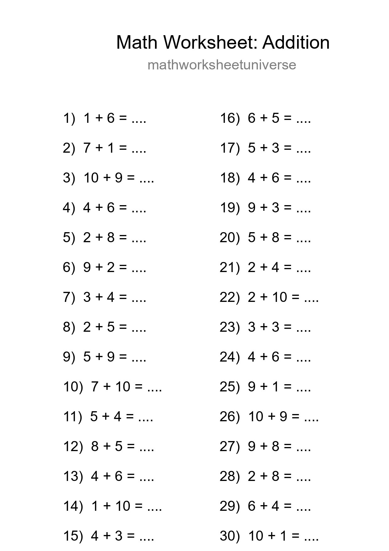 Free 30 Addition Math Worksheet For Grade 1 - Part 231