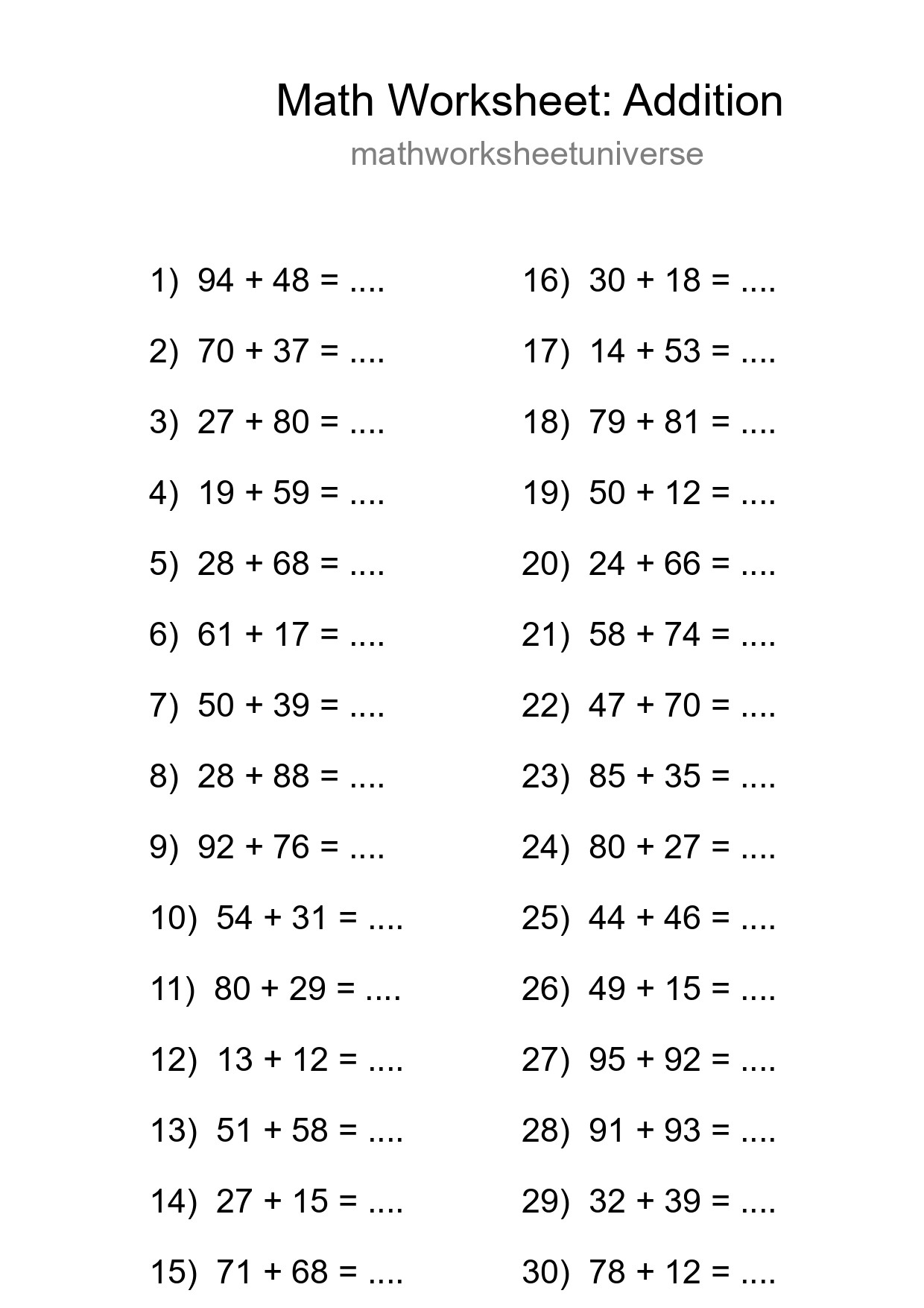 Free 30 Addition Math Worksheet For Grade 3 With Answers - Part 161