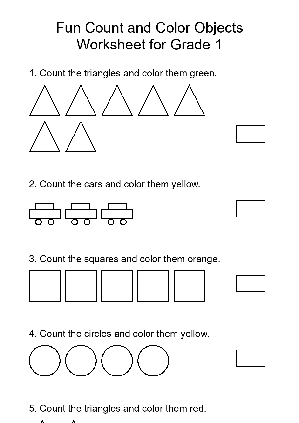 Fun Count and Color Objects Worksheet for Grade 1