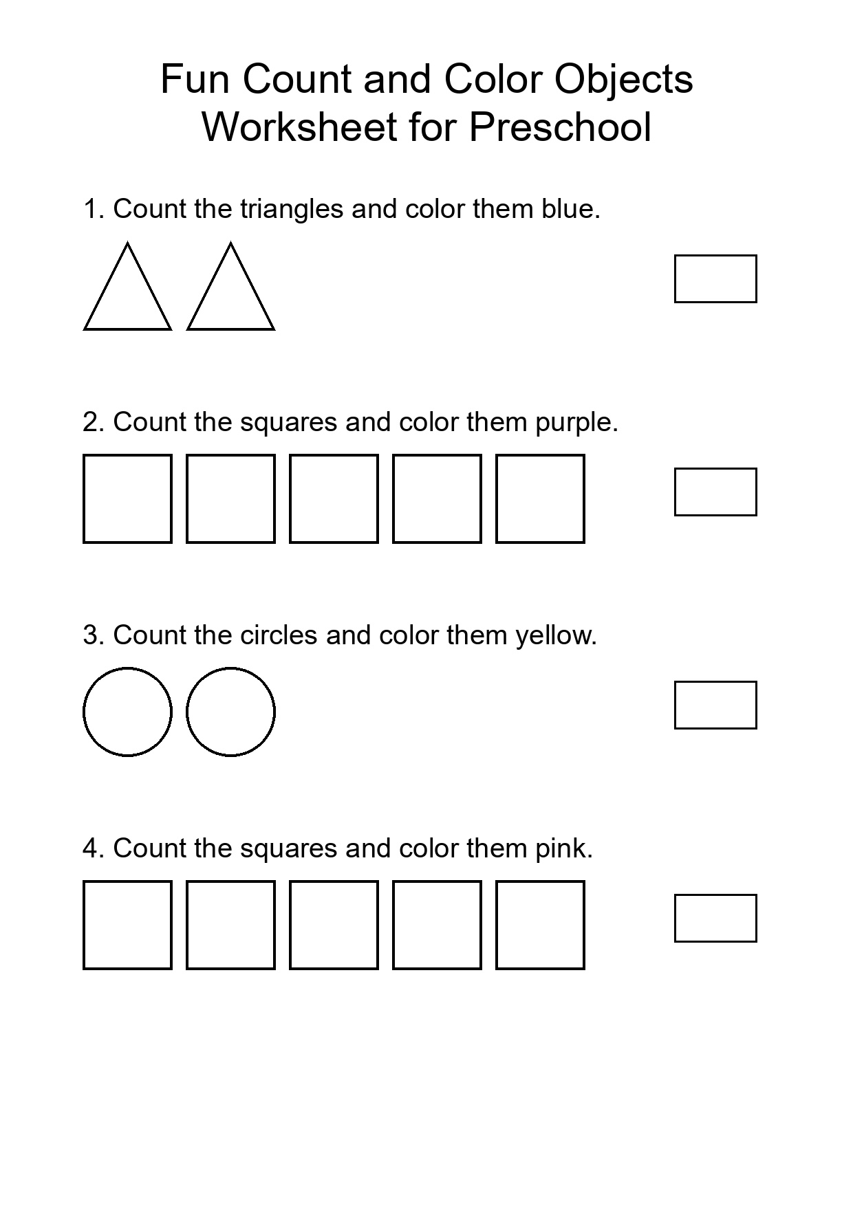 Fun Count and Color Objects Worksheet for Preschool