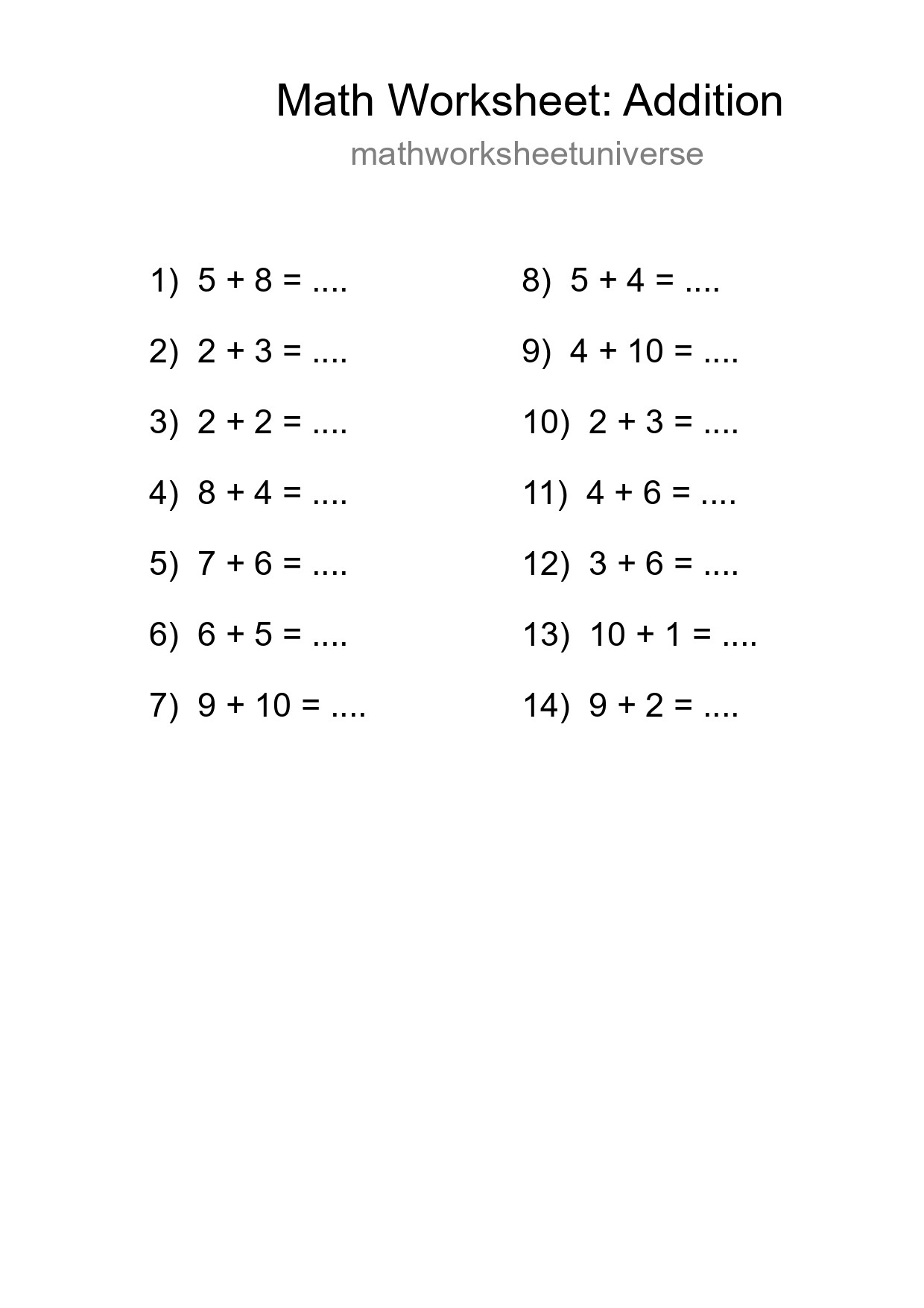 Grade 1 Addition Practice Worksheet (14 Problems) - Part 291