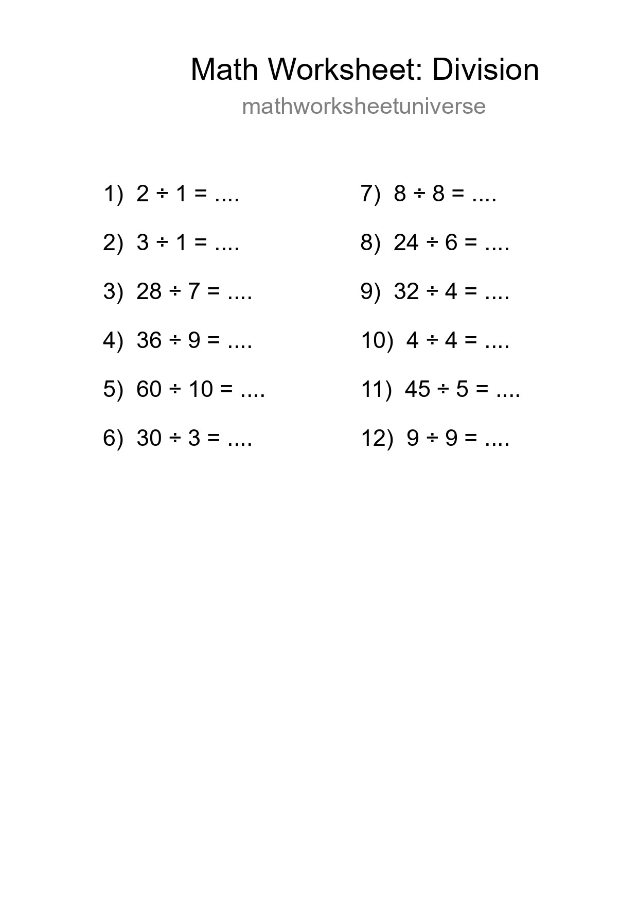 Grade 1 Division Practice Worksheet (12 Problems) - Part 44