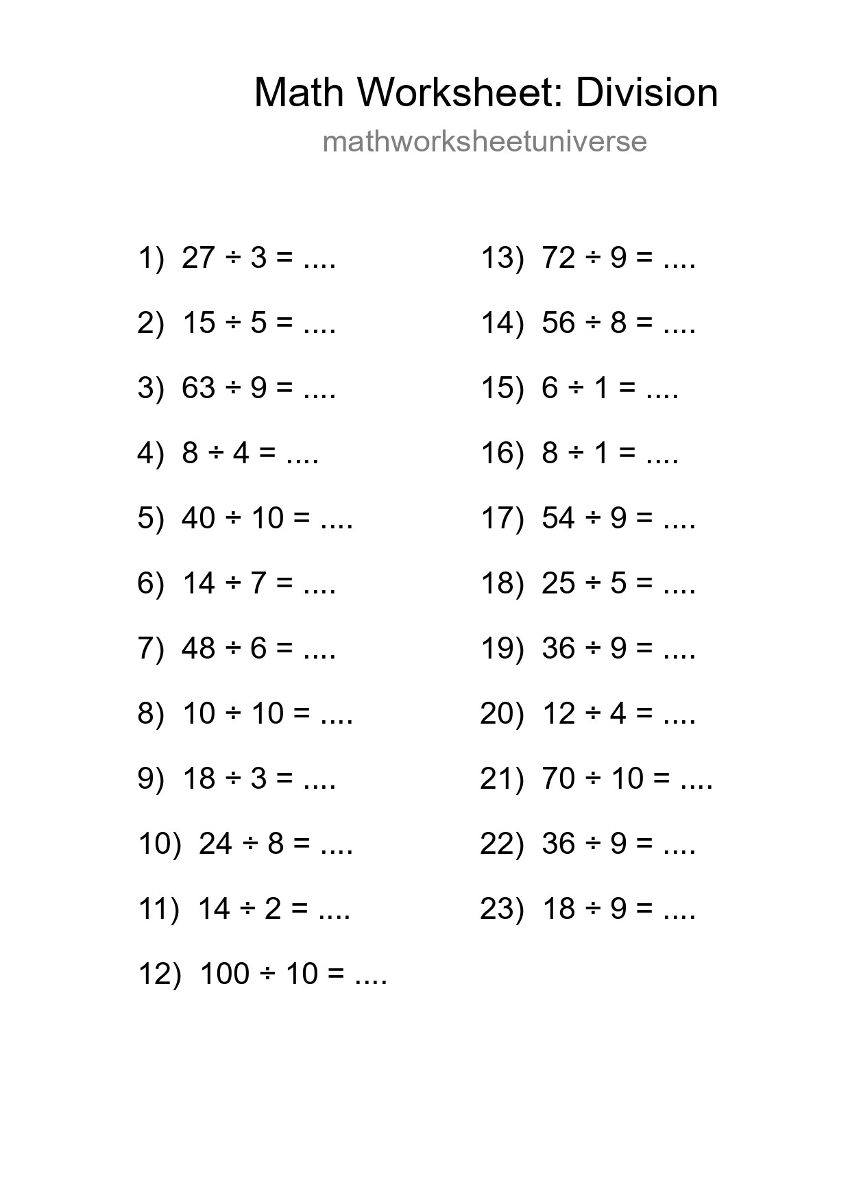 Grade 1 Division Practice Worksheet (23 Problems) - Part 174