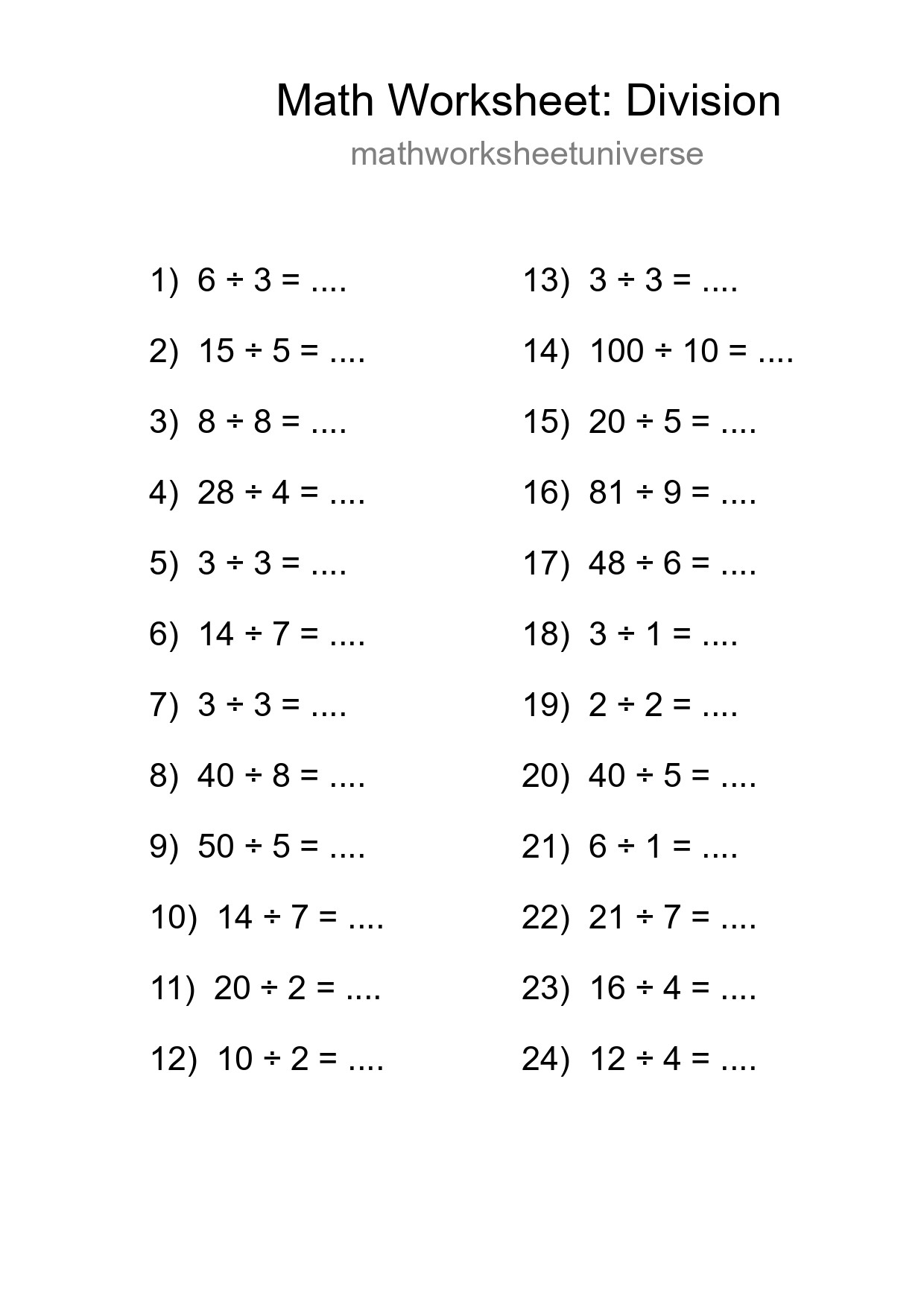 Grade 1 Division Practice Worksheet (24 Problems) - Part 274
