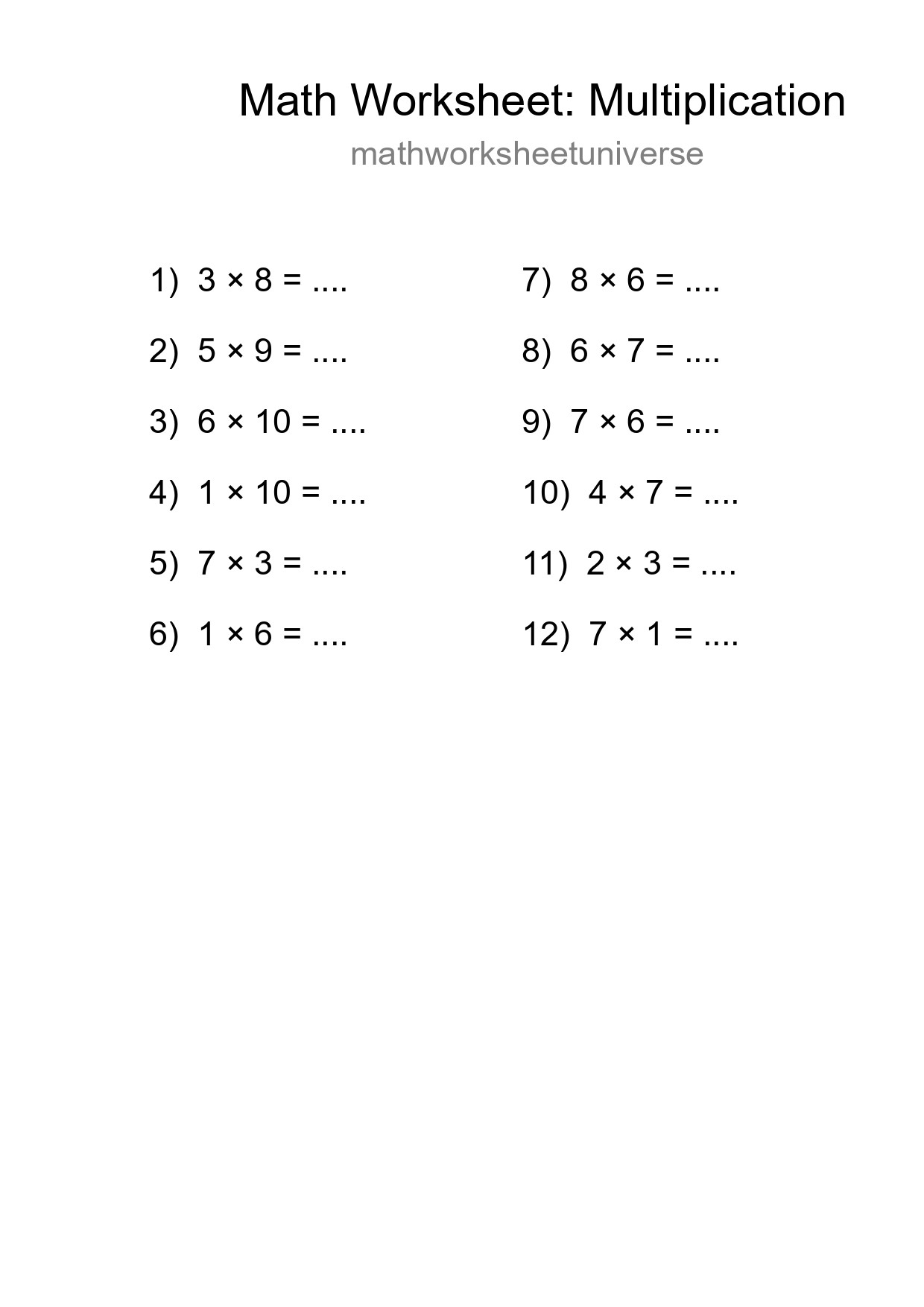 Grade 1 Multiplication Practice Worksheet (12 Problems) - Part 137