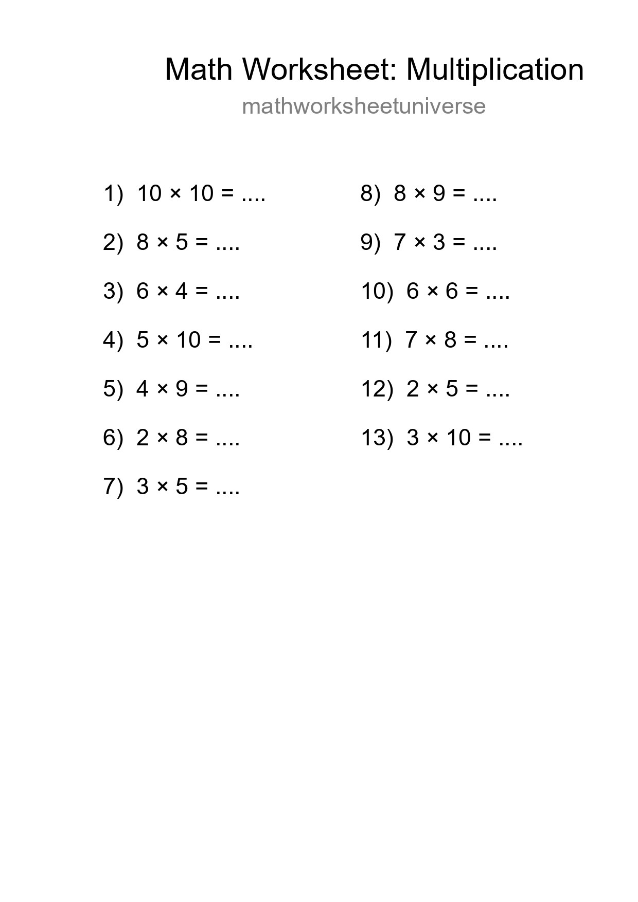 Grade 1 Multiplication Practice Worksheet (13 Problems) - Part 217