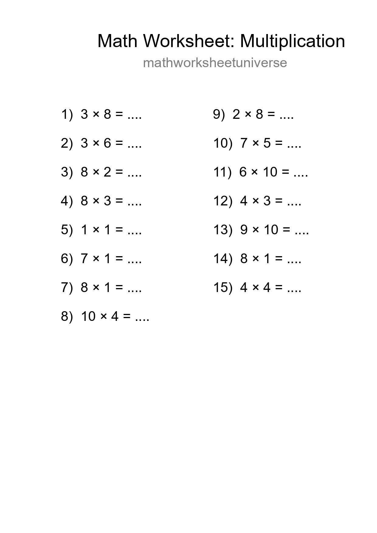 Grade 1 Multiplication Practice Worksheet (15 Problems) - Part 197