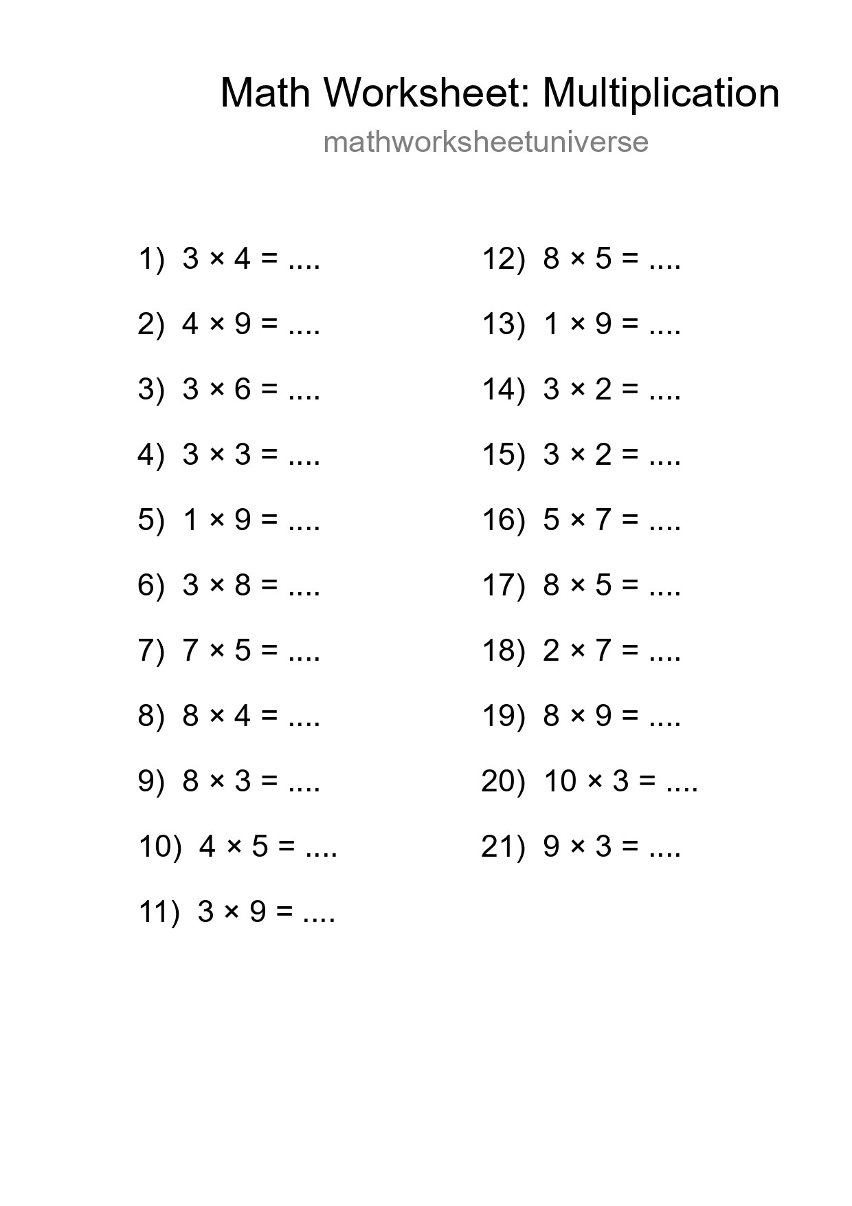Grade 1 Multiplication Practice Worksheet (21 Problems) - Part 167