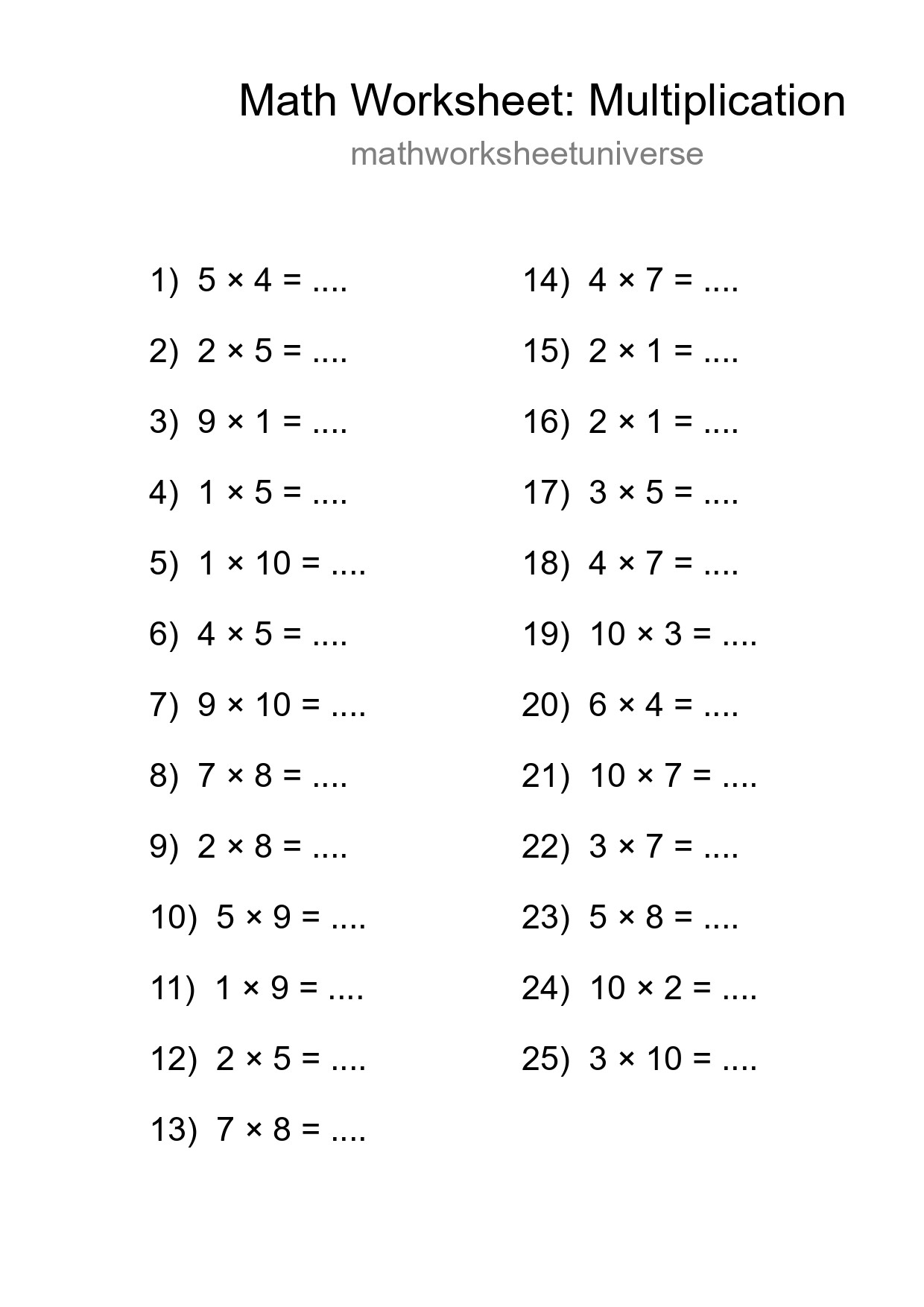 Grade 1 Multiplication Practice Worksheet (25 Problems) - Part 157